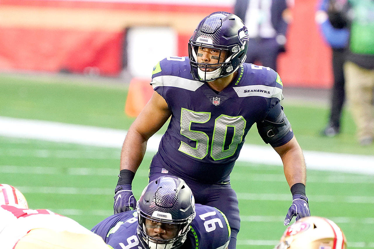 Seattle Seahawks outside linebacker K.J. Wright (50) during an NFL football game against the San Francisco 49ers, Sunday, Jan. 3, 2021, in Glendale, Ariz. (AP Photo/Rick Scuteri)