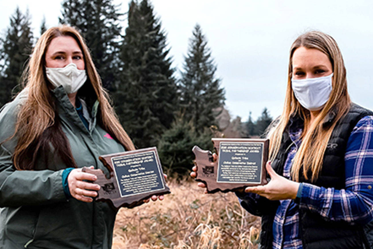 Nicole Rasmussen, water quality biologist for the Quileute Tribe (right), and Meghan Adamire, conservation planner for Clallam Conservation District, standing along the edge of the Quillayute River with the Hermison Road restoration project in the background. (Submitted photo)