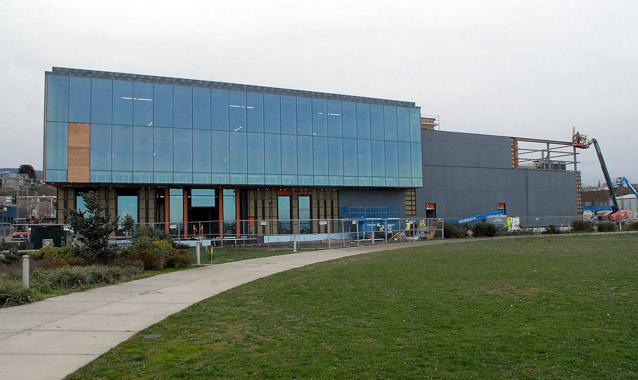Keith Thorpe/Peninsula Daily news
The Field Arts & Events Hall, the focal point of the proposed Waterfront Center development in downtown Port Angeles, is shown under construction on Tuesday.