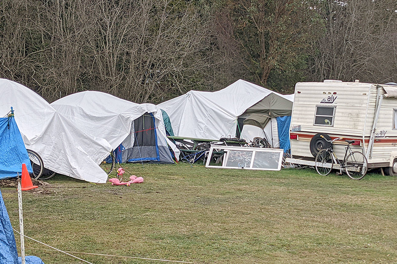 A variety of tents and tarps are spread out at the homeless encampment at the Jefferson County Fairgrounds. . (Zach Jablonski/Peninsula Daily News)