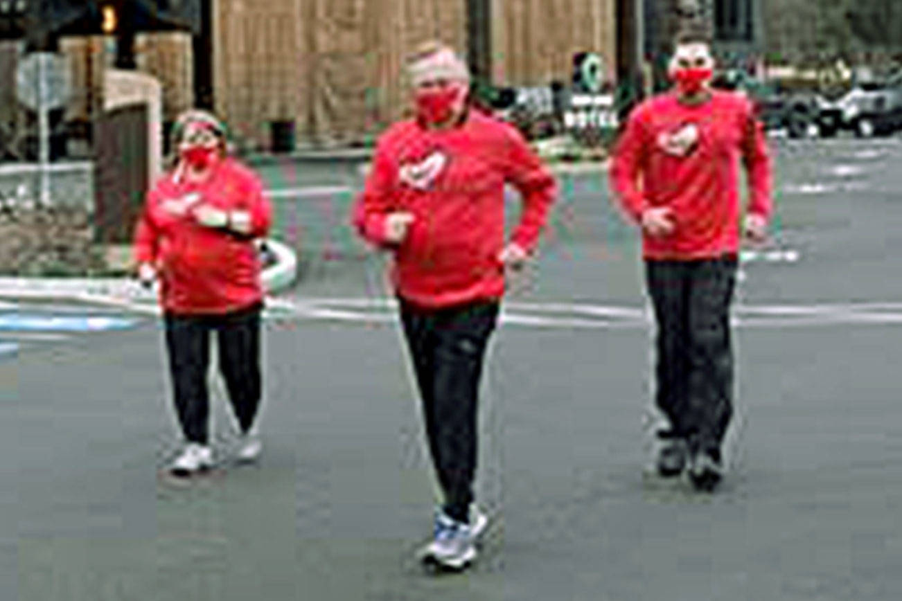 Red, Set, Go Race and Heart Luncheon officials embark on a training run/walk on Saturday at Seven Cedars Casino and Hotel. From left are Loni Greninger, Jamestown Tribal Council; Victoria Jones, race director of the Red, Set, Go Heart Healthy Run/Walk/Swim; Lori Frederick, vice president of Strait View Credit Union, the presenting sponsor of the race; Karen Rogers, chair of the Red, Set, Go Luncheon; Bruce Skinner, OMC Foundation executive director; Darryl Wolfe, Olympic Medical Center CEO; and OMC Commissioner Jean Hordyk. (Courtesy of OMC Foundation)