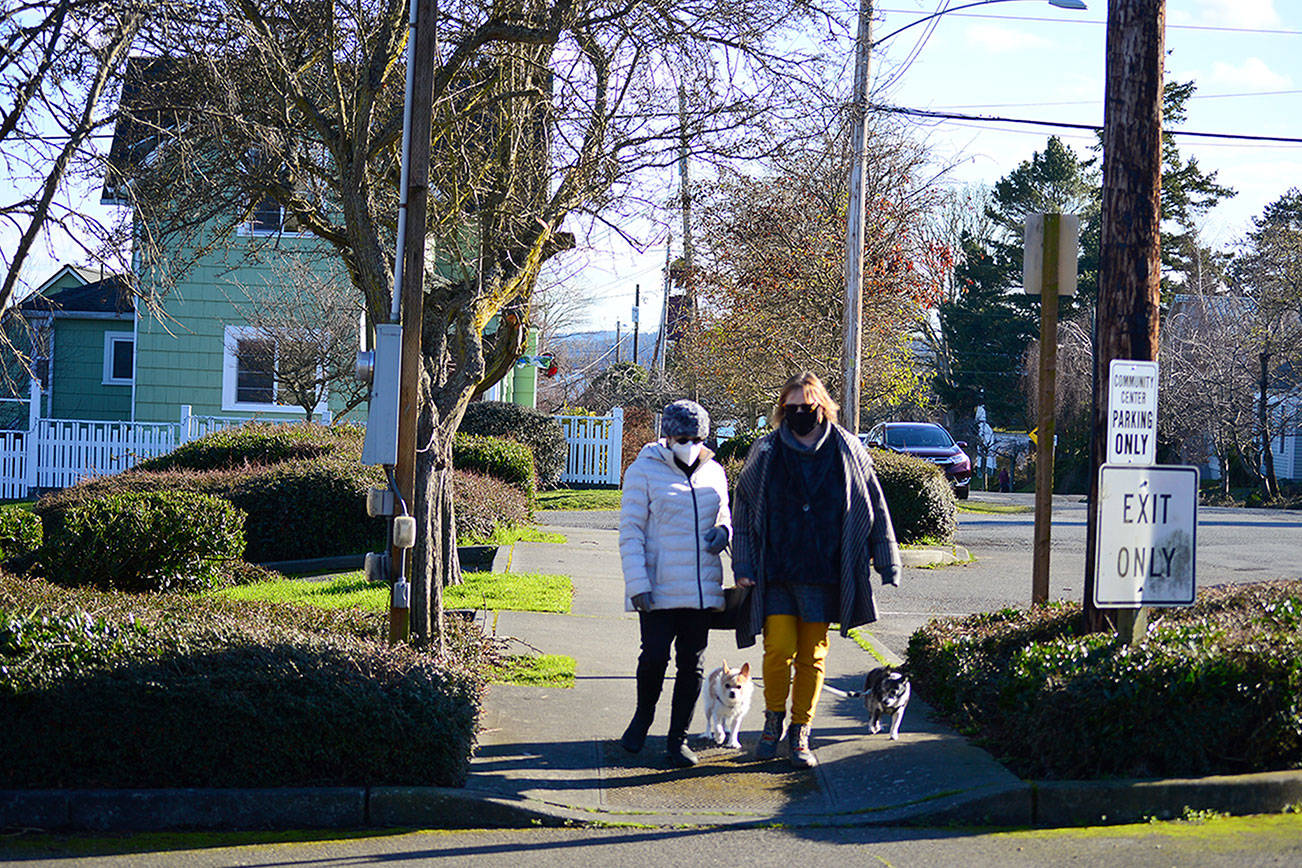 Pam Chapman, left, and neighbor Corena Stern, along with Chapman's dogs Bella and Hamish, walk on Tyler Street in Uptown Port Townsend on Tuesday. Port Townsend officials are looking at ways to maintain 81 miles of city streets on a limited budget.  (Diane Urbani de la Paz/Peninsula Daily News)