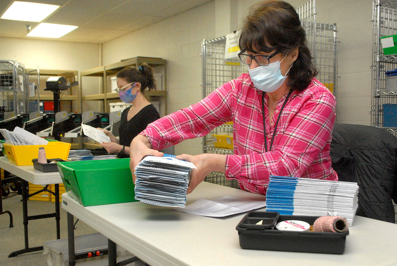 Clallam County election officials Nancy Buckner of Sequim, front, and Nicole Mischke of Port Angeles sort through special election ballots on Feb. 9 at the county courthouse in Port Angeles. Sequim-area voters approved two Sequim School District levies last week. (Keith Thorpe/Olympic Peninsula News Group)