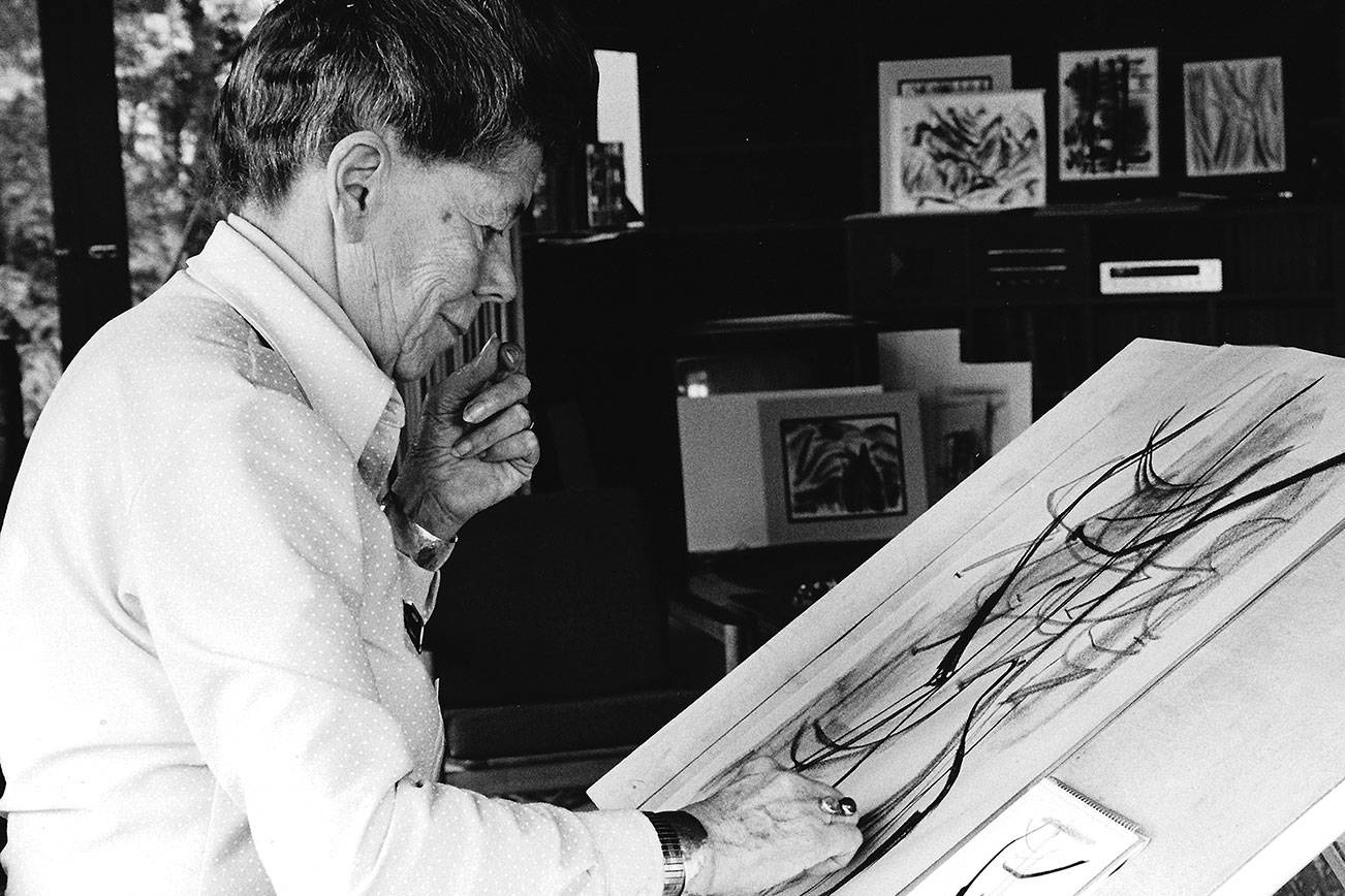 A 1978 photo taken by Esther Webster’s longtime friend Gunnar Fagerlund shows the artist at work in her home. The same room now houses a gallery where her work will be exhibited later this month. Submitted photo