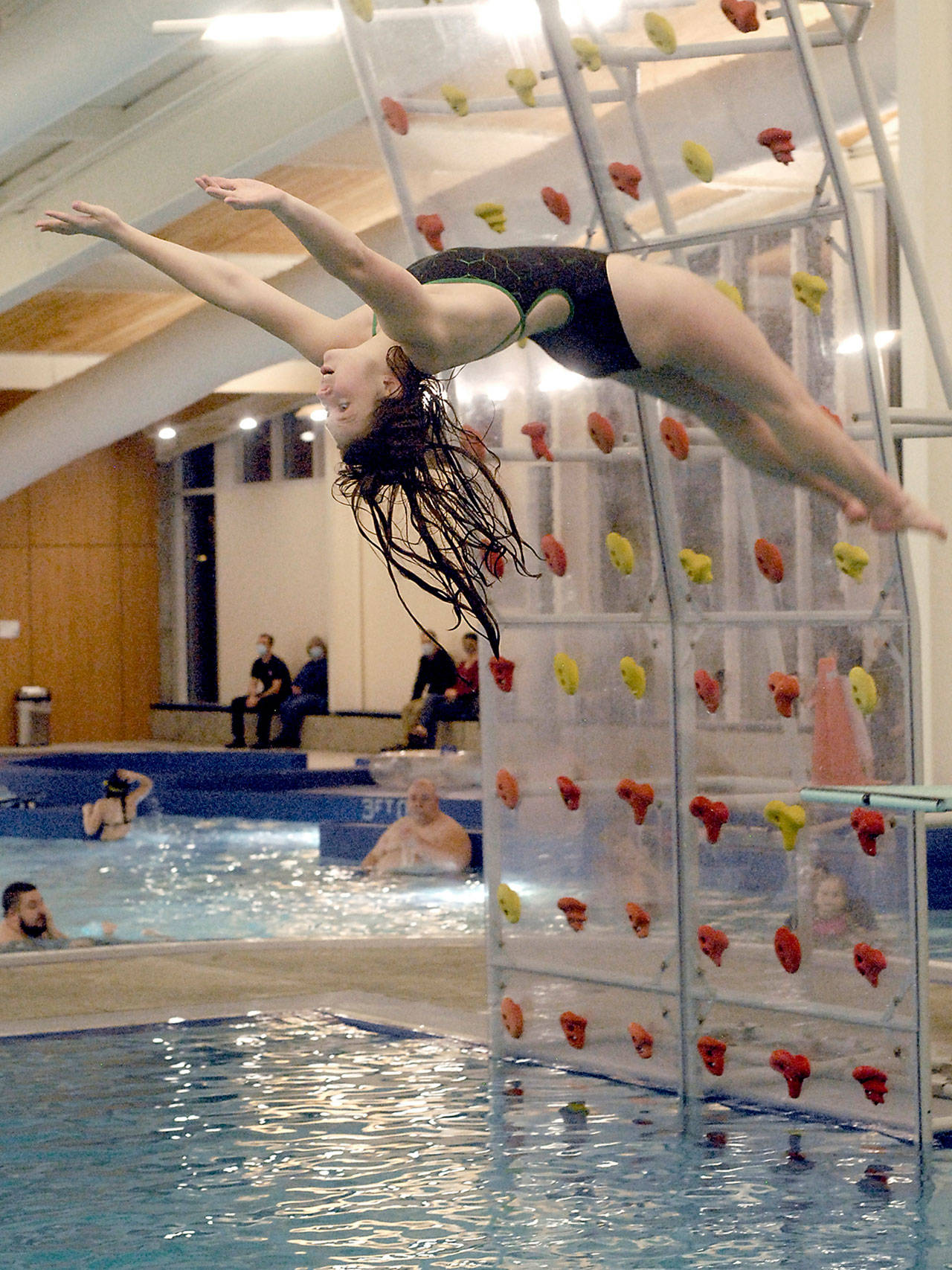 Anne Edwards of Port Angeles takes part in the diving portion of Tuesday’s first time trial meet at the Shore Aquatic Center in Port Angeles. (Keith Thorpe/Peninsula Daily News)
