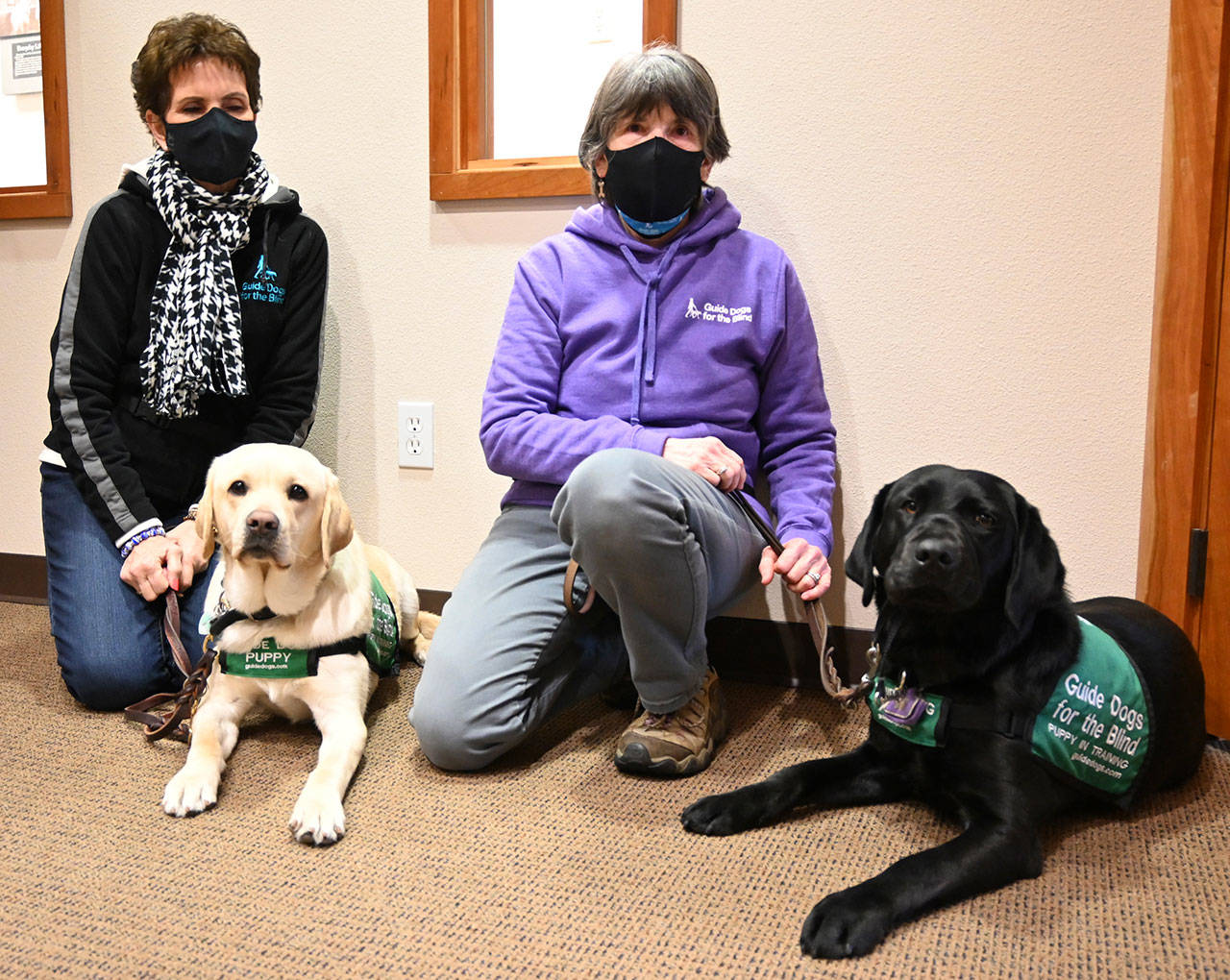 <strong>Michael Dashiell</strong>/Olympic Peninsula News Group
Claudine Sill, left, with Rolanda, and Deb Cox, with Hadley, are looking for volunteers to help raise guide dogs for the Guide Dogs for the Blind-Sequim, WA Puppy Raisers organization.