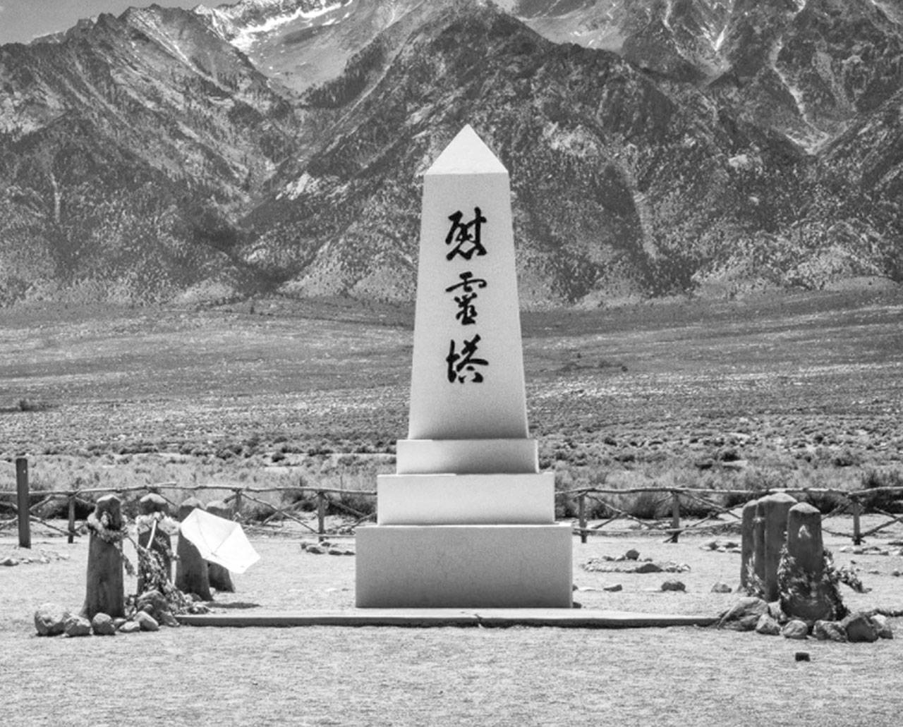 “Soul Consoling Tower, Cemetery, and the Sierra Nevada”, photographed in 2015, is one of the few remaining structures left after the camp was dismantled, sold off and bulldozed. The oblisk monument in the camps cemetery was designed and built by incarceree stonemason Ryozo Kado and is inscribed with Japanese characters which translate to “Soul Consoling Tower”.