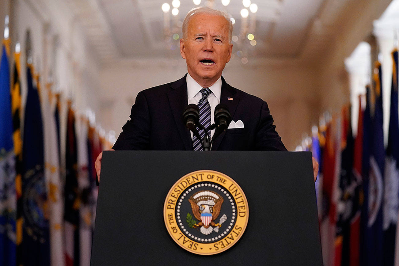 President Joe Biden speaks about the COVID-19 pandemic during a prime-time address from the East Room of the White House, Thursday, March 11, 2021, in Washington. (AP Photo/Andrew Harnik)