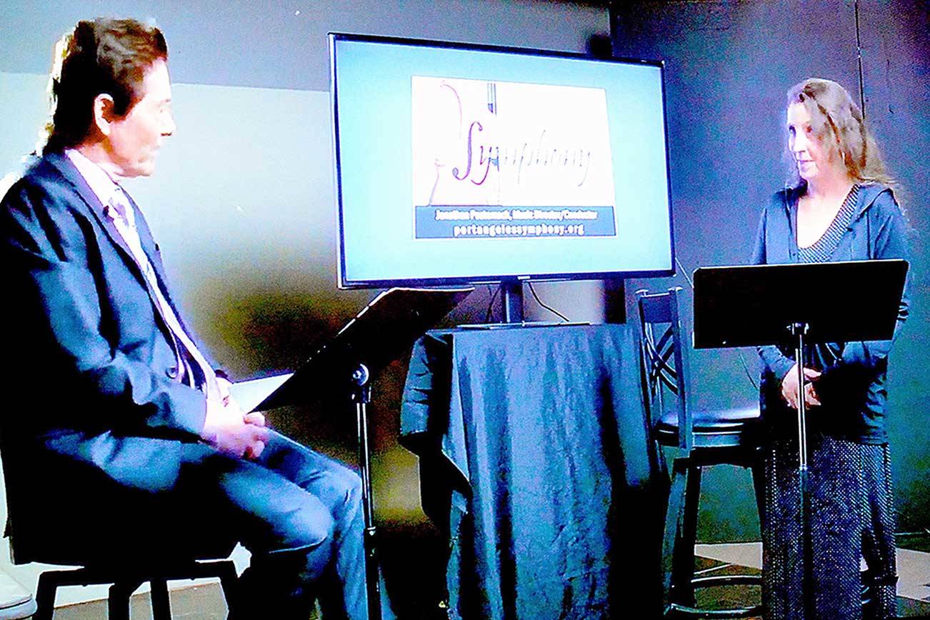 <strong>Diane Urbani de la Paz/</strong>Peninsula Daily News
 Auctioneer Dennis Caldirola, left, and auction chair Lisa Harvey-Boyd piloted the first Applause! Virtual Auction, a key Port Angeles Symphony fundraiser.