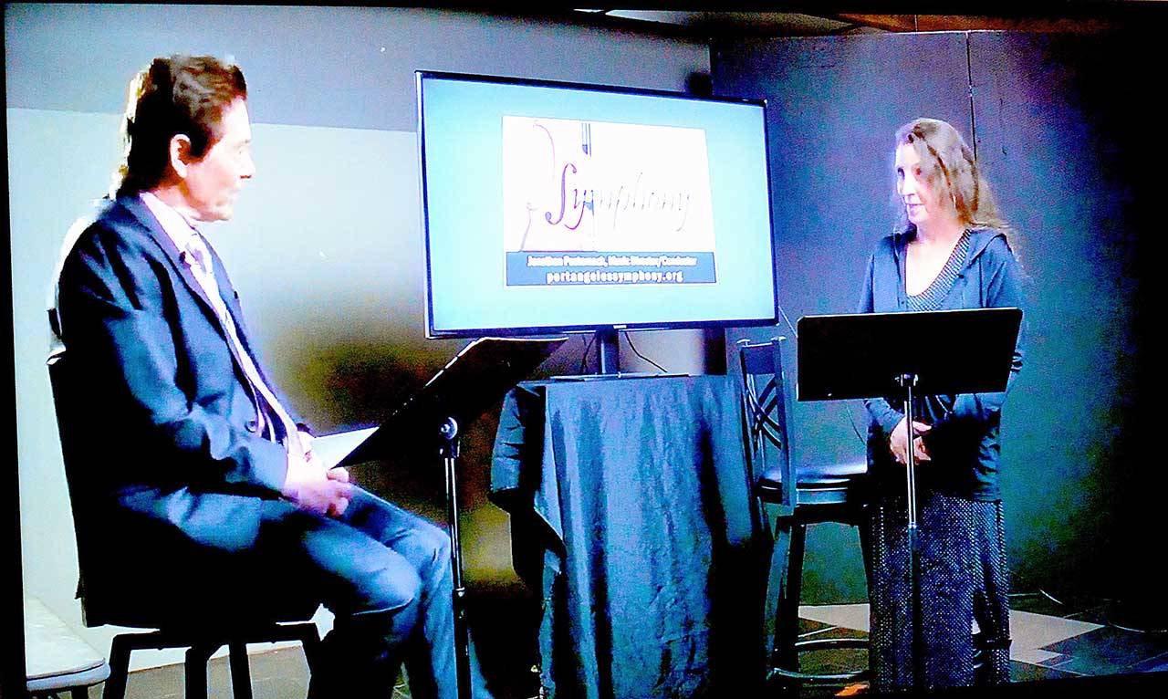 <strong>Diane Urbani de la Paz/</strong>Peninsula Daily News
 Auctioneer Dennis Caldirola, left, and auction chair Lisa Harvey-Boyd piloted the first Applause! Virtual Auction, a key Port Angeles Symphony fundraiser.