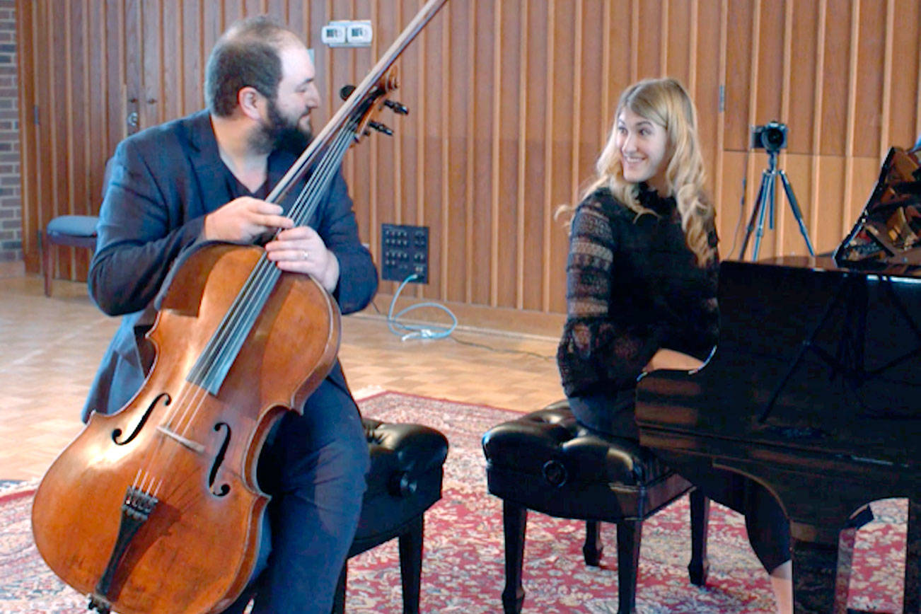 Marika Bournaki and her husband Julian Schwarz, a Port Angeles Symphony guest soloist, together offer a recital of music by Beethoven, Fauré and others this Saturday via the symphony's YouTube channel. photo courtesy of the Port Angeles Symphony