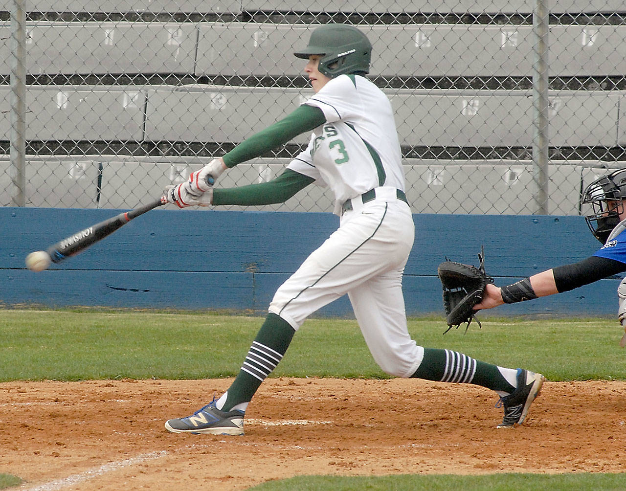 Port Angeles’ Landon Seibel bats in the third inning during Saturday’s game against North Mason at Civic Field in Port Angeles. (Keith Thorpe/Peninsula Daily News)