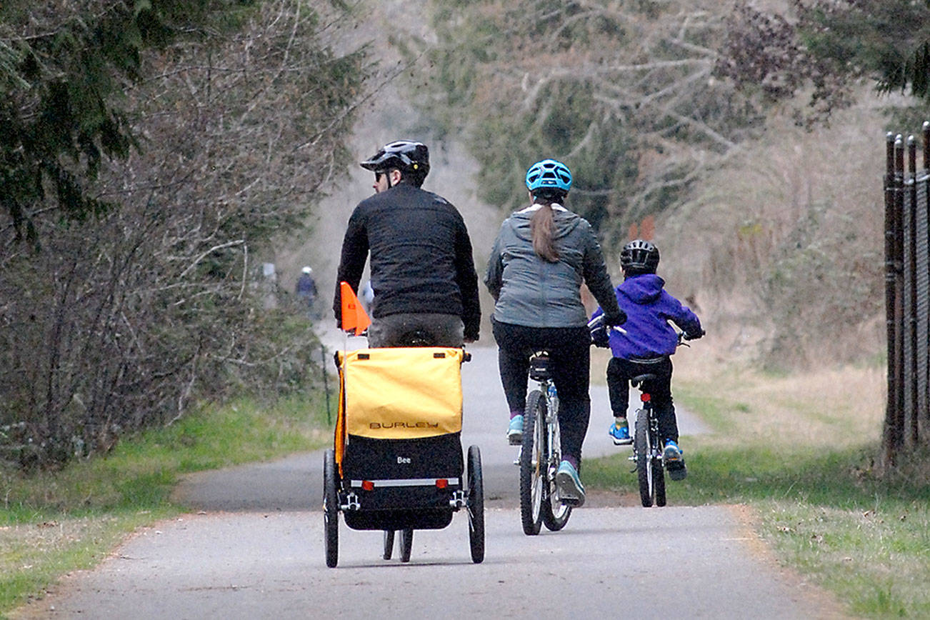 A group of bicyclists make their way down a section of the Olympic Discovery Trail near William R. Fairchild International Airport on the west side of Port Angeles. (Keith Thorpe/Peninsula Daily News)