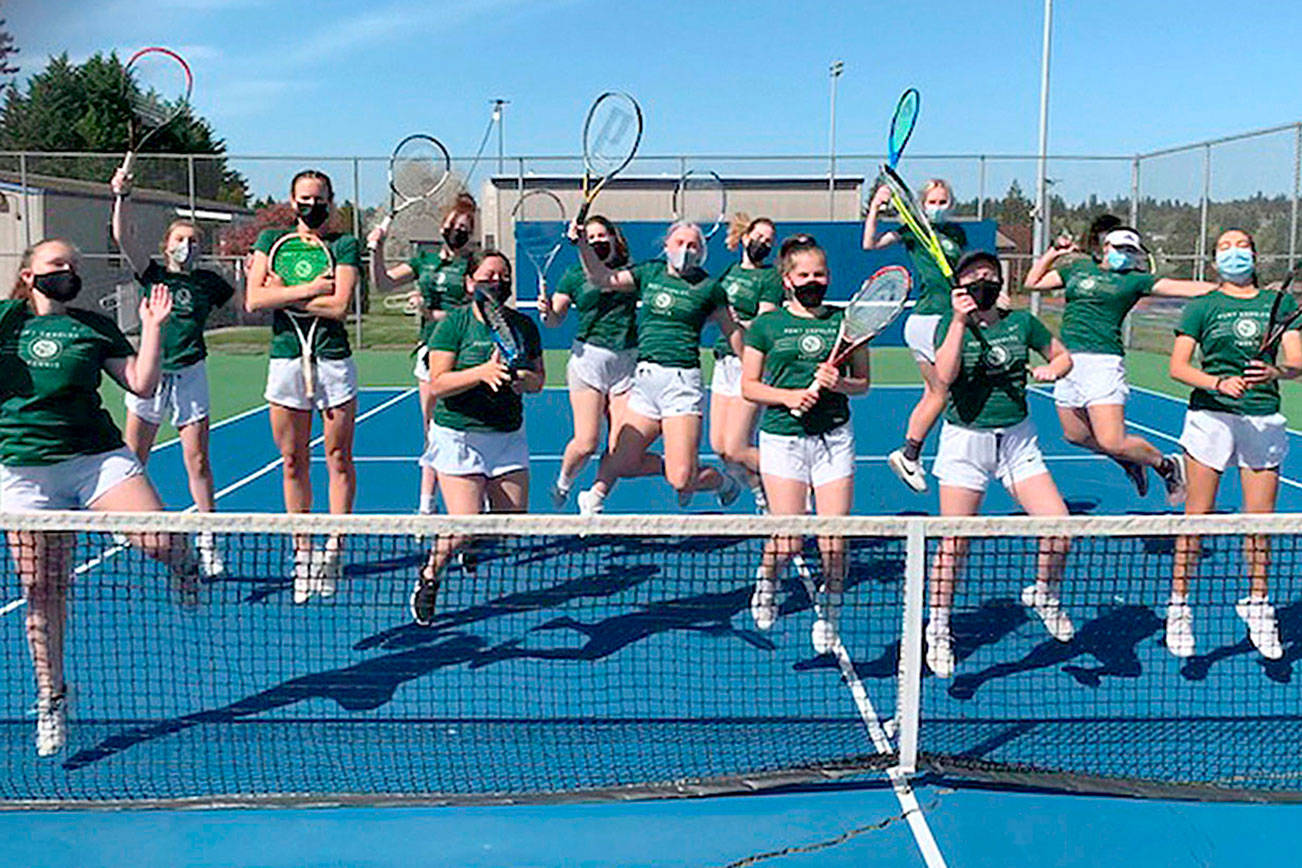 Port Angeles varsity tennis players celebrate their 8-0 start on the season: Kinnley Brady, Holly Jones, Hannah Reetz, Brielle Keywood, Ellie Getchell, Emma Olsen, Eden Critchfield, Hannah Basden, Reagan Critchfield, Shannon Callahan, Millie Long, Liberty Lauer, Angelina Sprague.