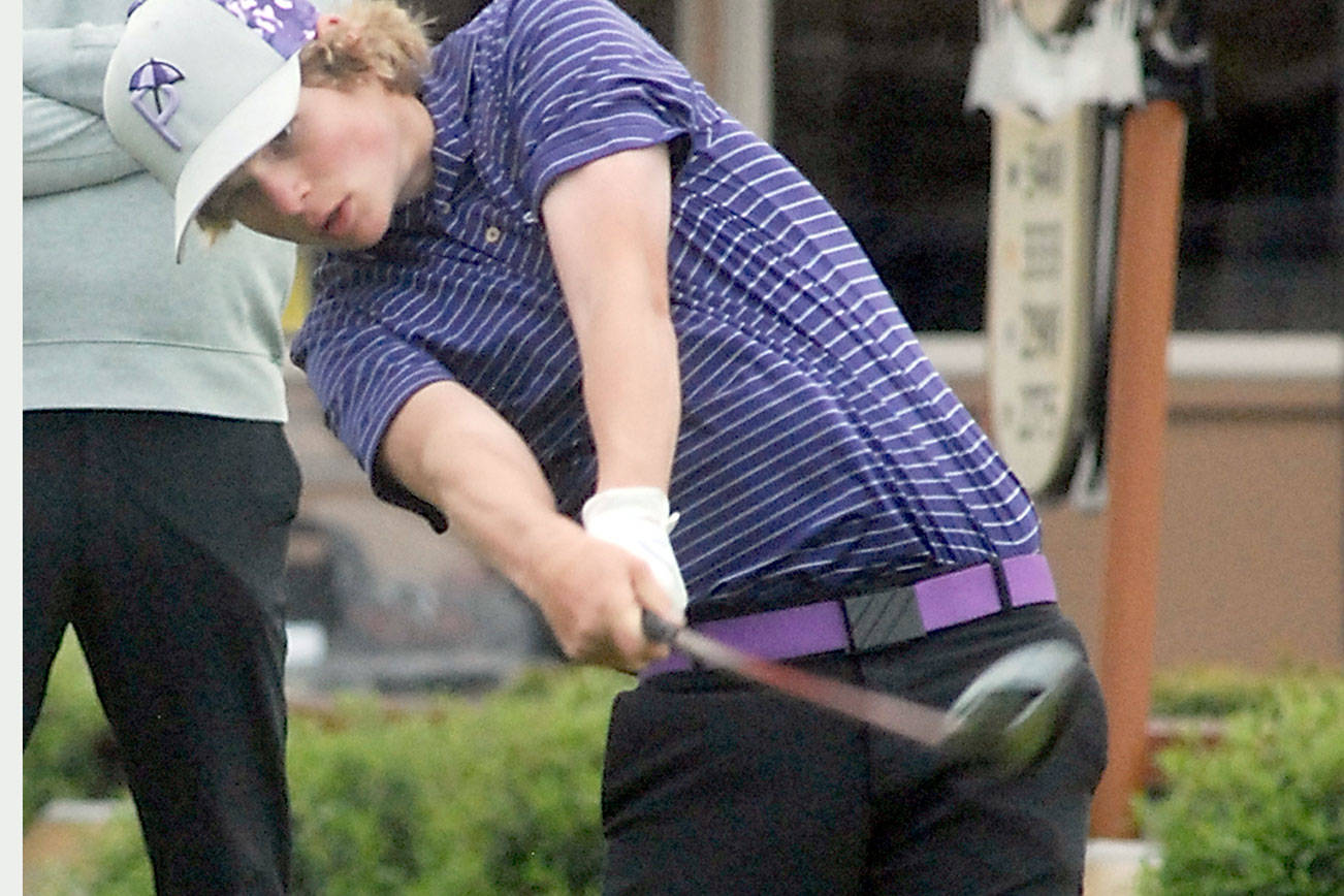 Keith Thorpe/Peninsula Daily News
Sequim's Ben Sweet tees off at the opening of Tuesday's league championships on his home course at The Cedars at Dungeness.