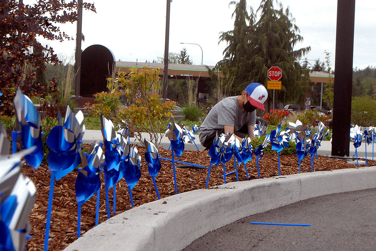 Cameron Colfax, 10, a member of the Jamestown S’Klallam tribal youth program, plants pinwheels along the driveway of the tribal Justice Center in Blyn on Tuesday. The pinwheels are part of 3,600 that Dru Froggett, child advocate for the Jamestown S’Klallam Tribe, has ensured were placed around the Jamestown campus, at the Jamestown Medical Clinic in Sequim and at Lower Elwha Klallam facilities in Port Angeles as part of a national effort to raise awareness of child abuse prevention. (Keith Thorpe/Peninsula Daily News)