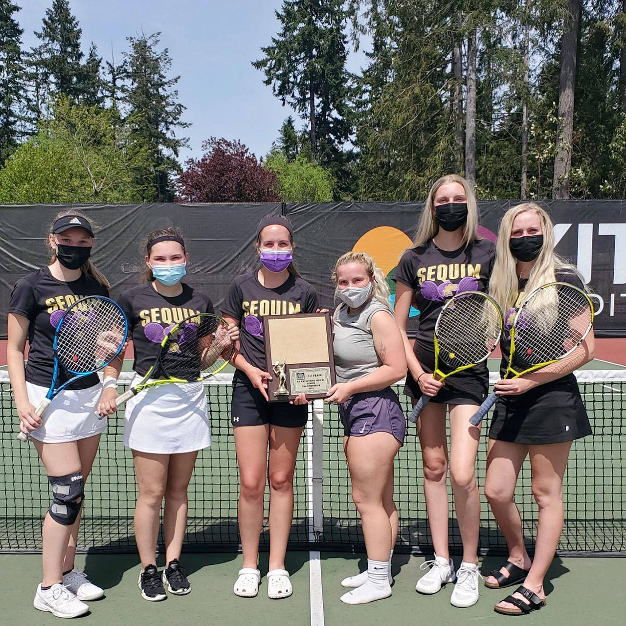 The Sequim girls tennis team won the Class 1A/2A/3A Olympic League Tournament on Thursday to go along with the Wolves’ regular season title. From left, the doubles duo of Melissa Porter and Allie Gale finished fourth, singles champion Kalli Wiker, Olivia Preston was fourth in singles and doubles champions McKenna Hastings and Kendall Hastings.