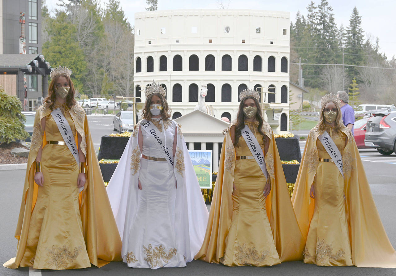 The Sequim Irrigation Festival’s royalty for 2021, from left, princess Sydney VanProyen, queen Hannah Hampton, and princesses Allie Gale and Zoee Kuperus will travel through Sequim on Saturday for the Grand Parade/Procession at 5 p.m. It can be viewed online and in-person with the route to be revealed online at www.irrigationfestival.com. (Michael Dashiell/Olympic Peninsula News Group)