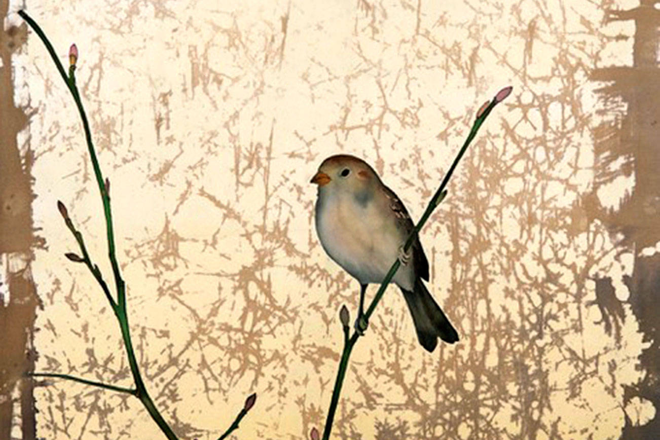“Sparrow in Sepia II,” a framed silk batik by Carolyn Doe, in featured at Gallery 9 this month.