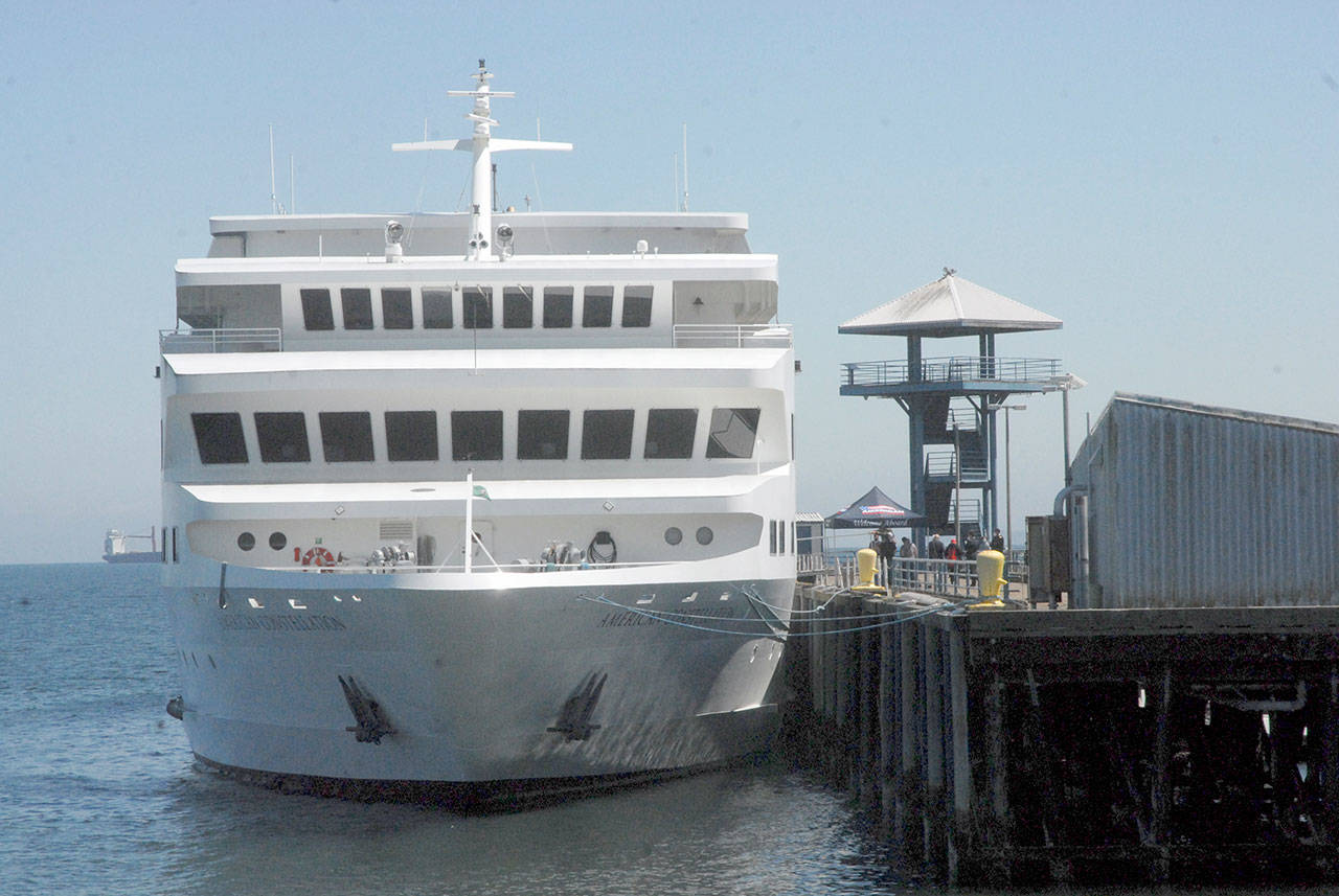 The cruise ship American Constellation sits at Port Angeles City Pier on Friday, marking the beginning of cruise season on the Salish Sea and Puget Sound. The ship, and its sister vessel American Spirt, both part of American Cruise Lines, are scheduled for weekly visits to Port Angeles, Port Townsend and other regional destinations out of Seattle from now through October.