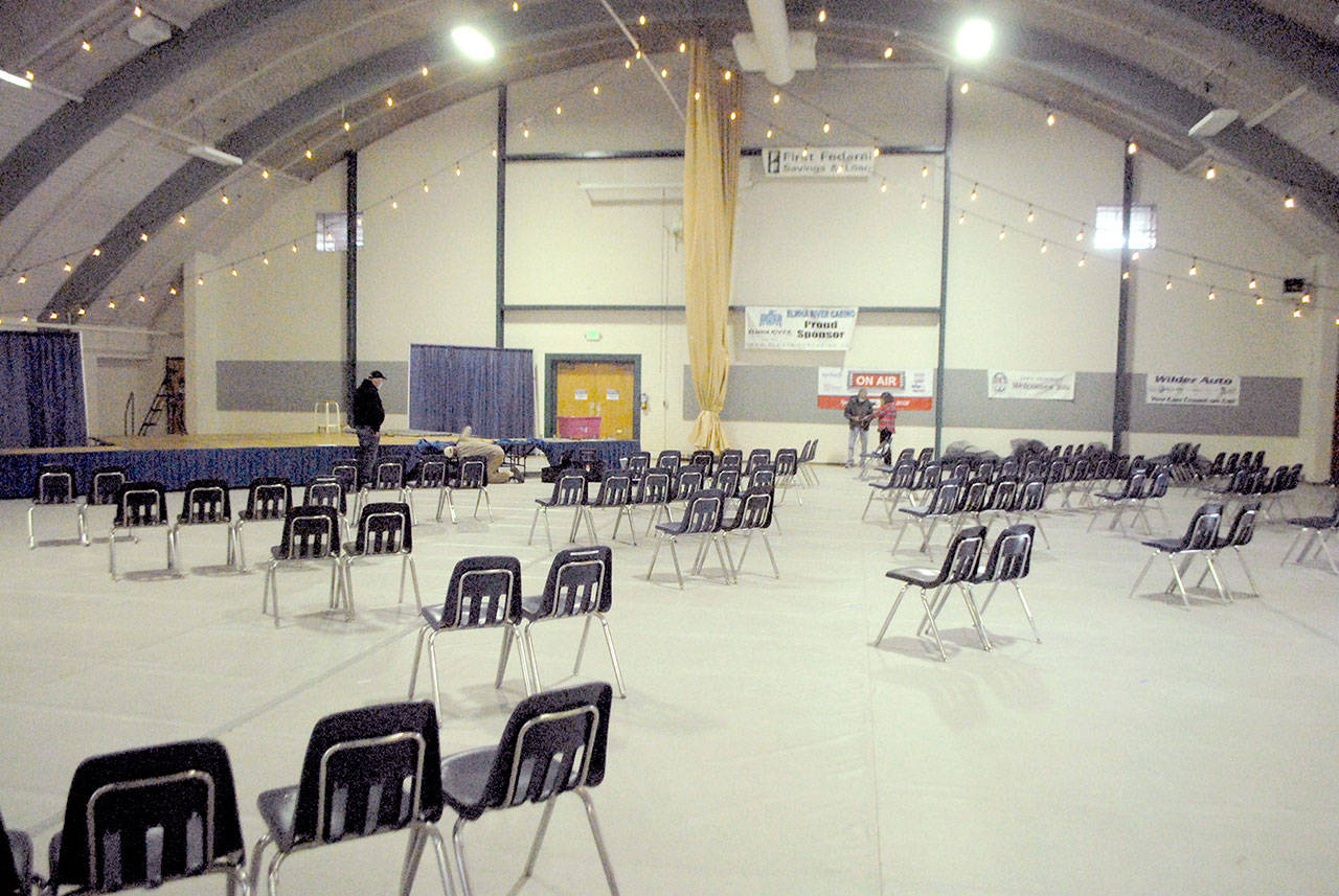Workers set up the stage on Thursday in Vern Burton Community Center for this weekend’s scaled-down version of the Juan de Fuca Festival of the Arts in Port Angeles. (Keith Thorpe/Peninsula Daily News)
