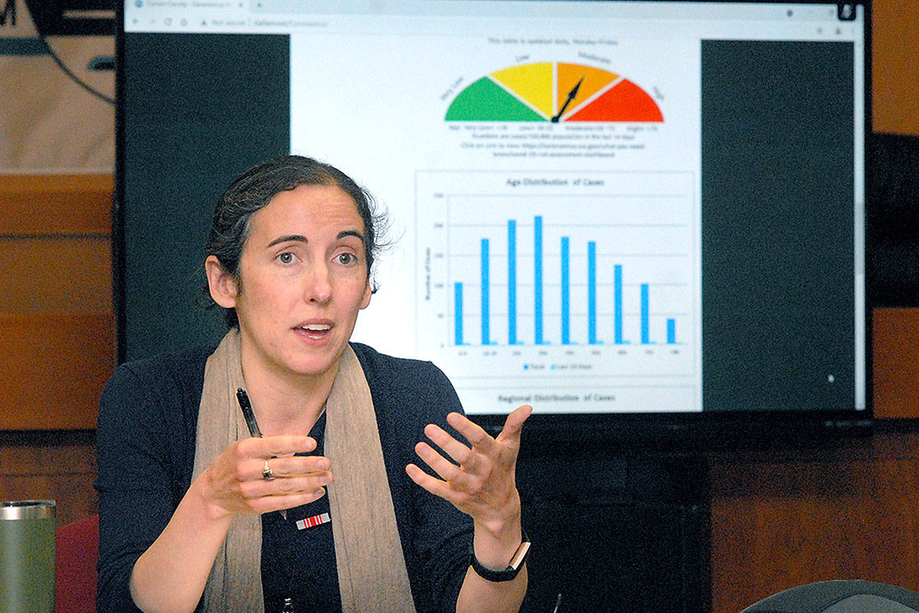 Clallam County Health Officer Dr. Allison Berry updates the status of COVID-19 during the last scheduled weekly briefing on Friday at the Clallam County Courthouse in Port Angeles. (Keith Thorpe/Peninsula Daily News)