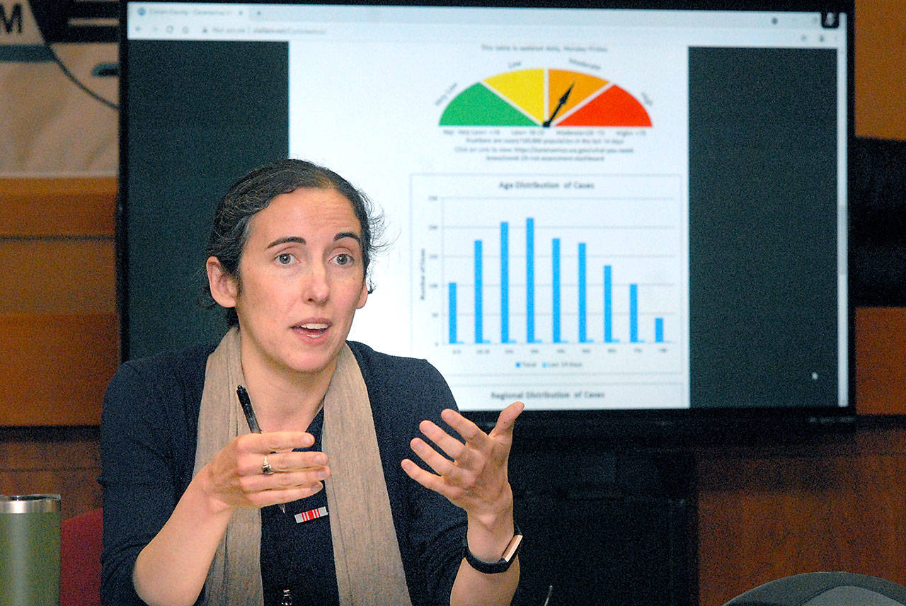 Clallam County Health Officer Dr. Allison Berry updates the status of COVID-19 during the last scheduled weekly briefing on Friday at the Clallam County Courthouse in Port Angeles. (Keith Thorpe/Peninsula Daily News)