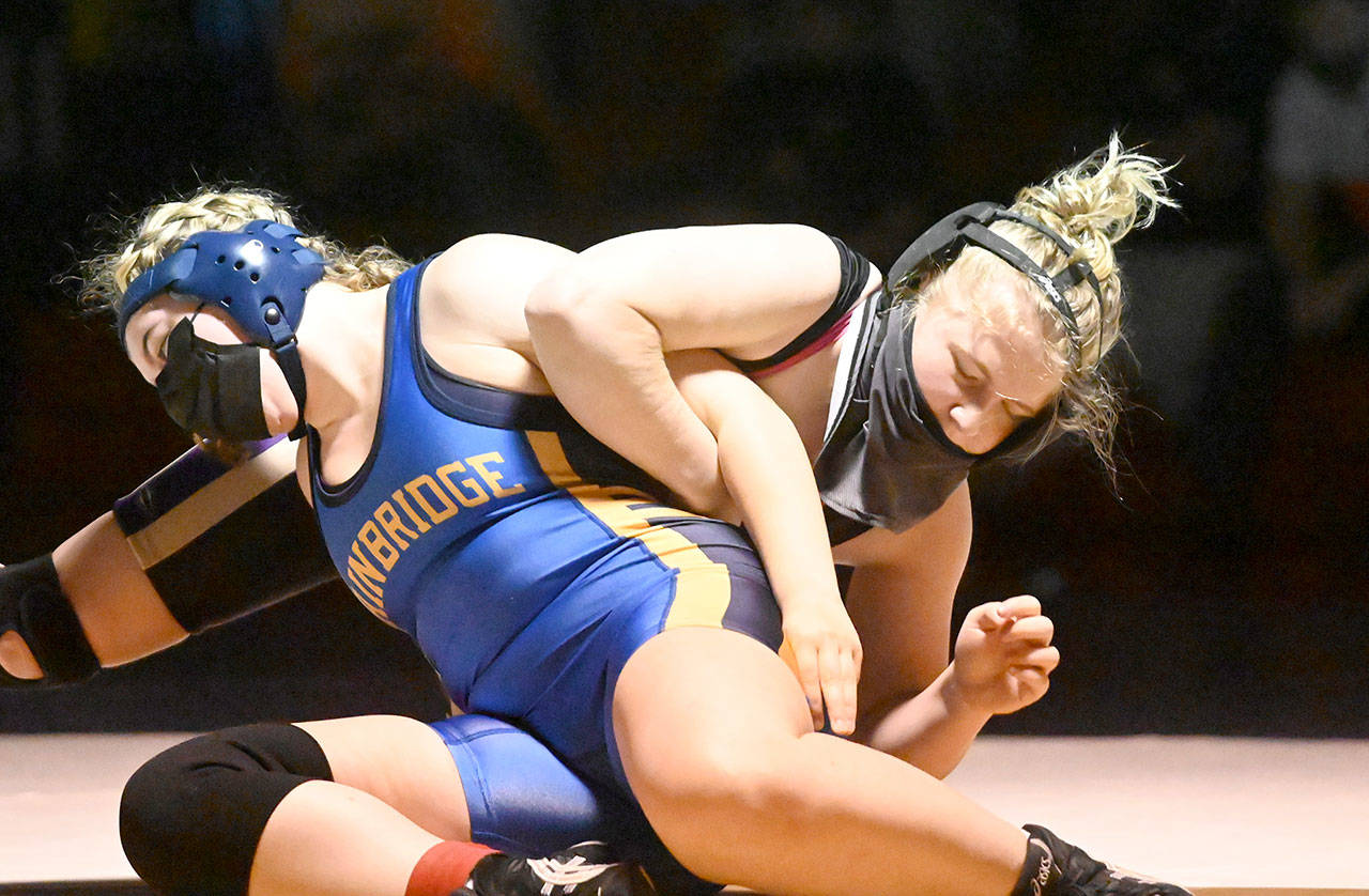 Michael Dashiell/Olympic Peninsula News Group
Sequim junior Petra Bernsten, right, controls her Bainbridge opponent during a match earlier this month. Bernsten has been selected the Olympic League Girls Wrestling MVP.