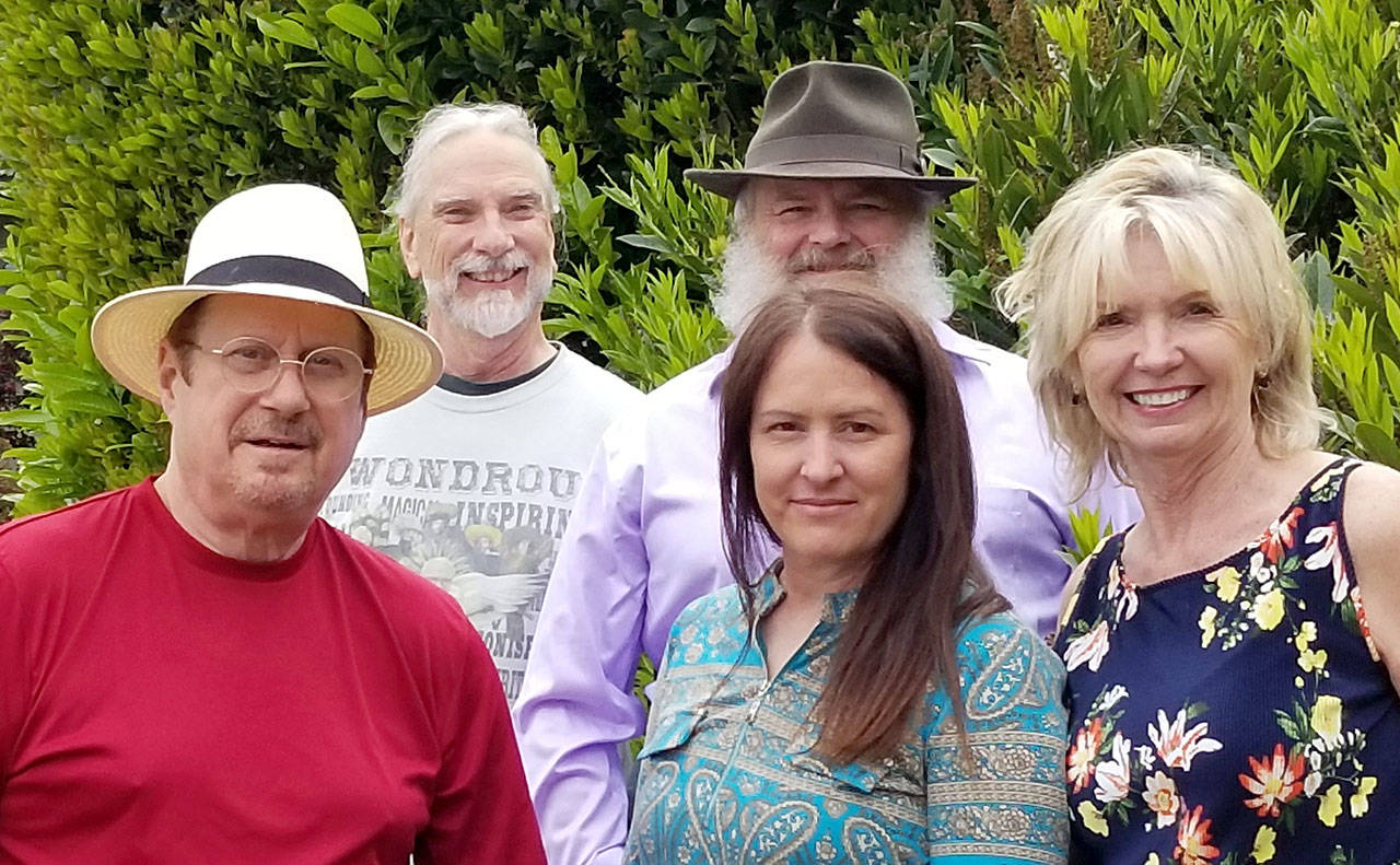 The Midnight Train Blues Band — from left, Chicago Bob Longmire, Dan Stacy, Dave Olsen, Jayme Ryan and Barb Dawson — will host the open blues jam at Port Townsend’s Discovery Bay Brewing this Sunday afternoon. (Photo courtesy of Chicago Bob Longmire)