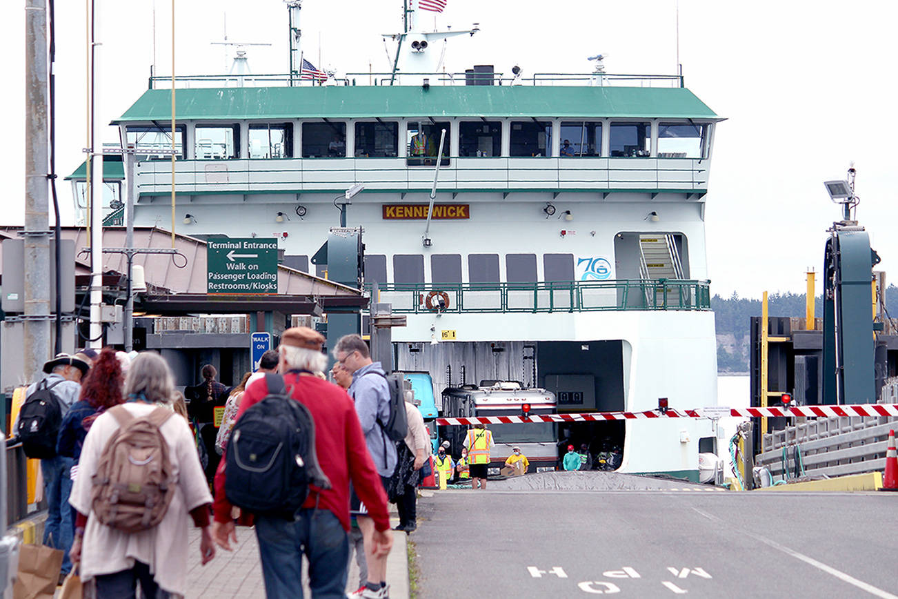The Kennewick pulls into the Port Townsend dock Wednesday afternoon to wait for cars and walk-on passengers. The Port Townsend/Coupeville ferry route will continue to have one-boat service for the foreseeable future. (Zach Jablonski/Peninsula Daily News)