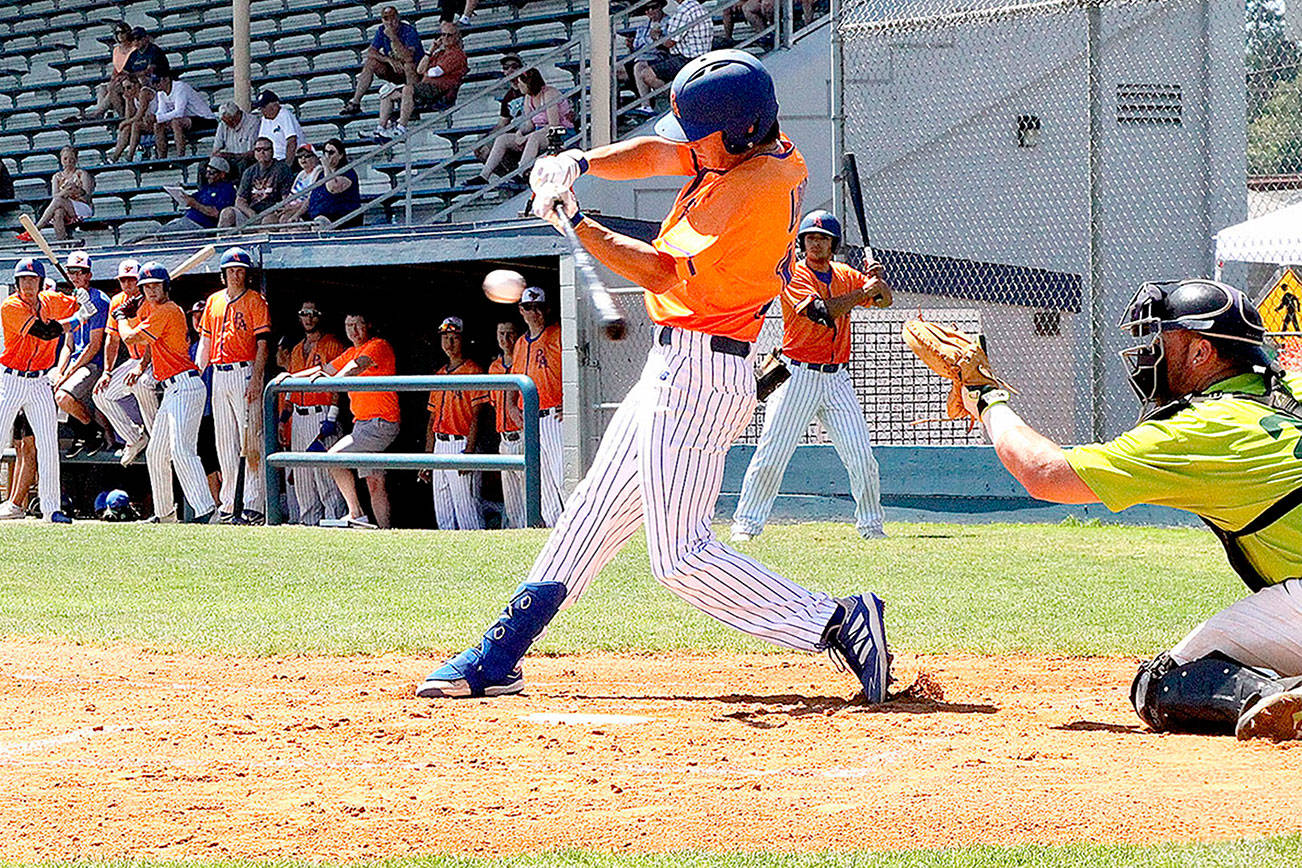 Dave Logan/for Peninsula Daily News
Lefties leadoff batter Nick Oakley gets a hit in the first inning Sunday as the Port Angeles club got off to a 5-0 lead in the first inning.