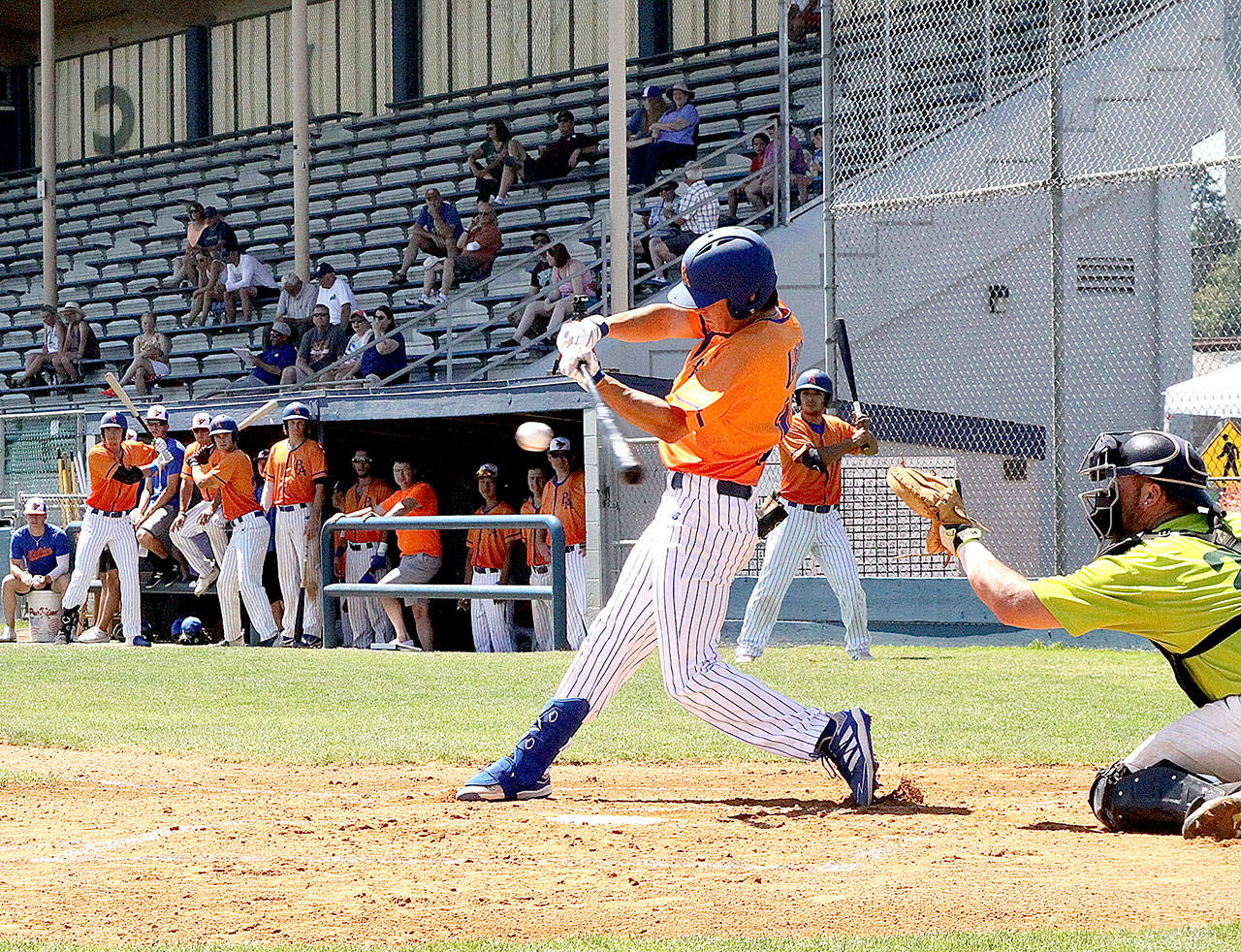 Lefties leadoff batter Nick Oakley gets a hit in the first inning Sunday as the Port Angeles club got off to a 5-0 lead in the opening frame. (Dave Logan/for Peninsula Daily News)