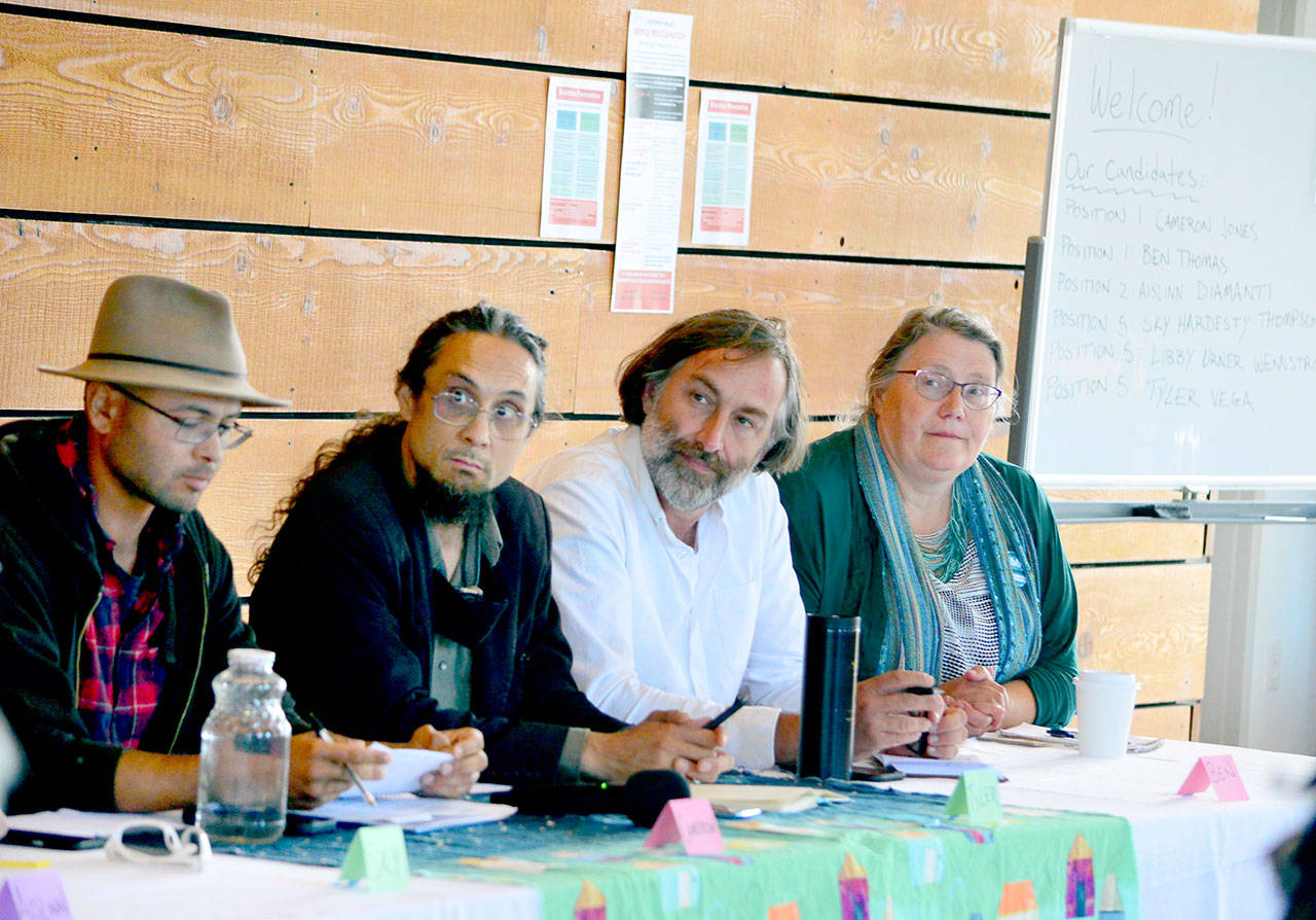 At a Housing Solutions Network forum last week, Port Townsend City Council hopefuls talked about where and how to provide more housing. From left are four of the six candidates: Cameron Jones, Tyler Vega, Ben Thomas and Libby Wennstrom. (Diane Urbani de la Paz/Peninsula Daily News)