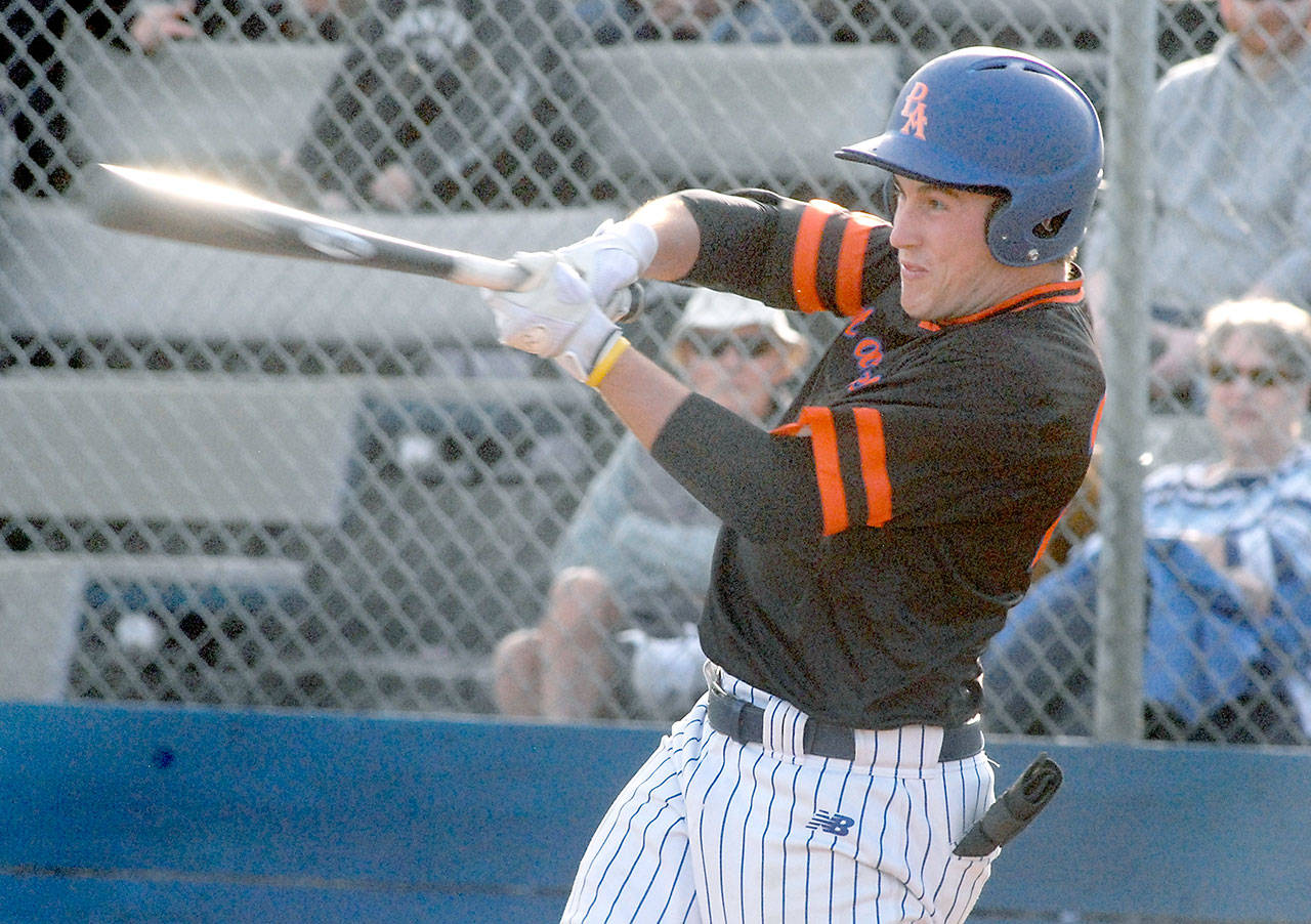 Lefties designated hitter Luke Saunders bats against Ridgefield on Thursday evening at Port Angeles Civic Field. (Keith Thorpe/Peninsula Daily News)