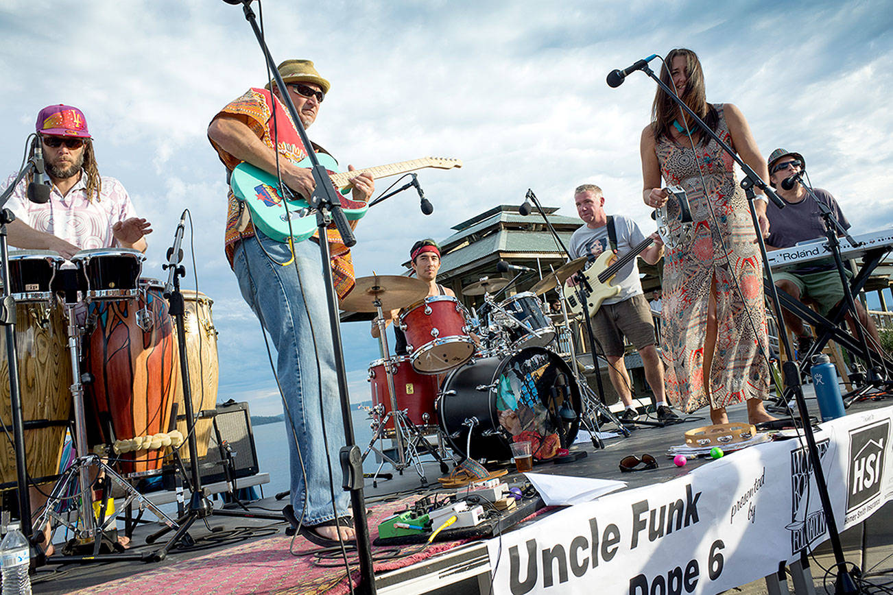 Uncle Funk and the Dope Six -- from left, Jesse Watson, Tim Halpin, Tomoki Sage, Kyle Dannert, Megan Hudson and Pete Lack -- will start Port Townsend's Concerts on the Dock series Thursday evening. photo by David Conklin/Port Townsend Main Street Program