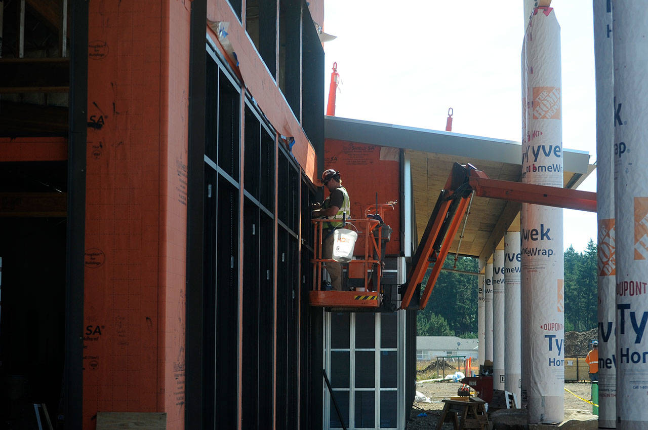 The front of the Jamestown S’Klallam Tribe’s medication-assisted treatment (MAT) clinic, aka Jamestown Healing Clinic, will feature carved wood art, a retention pond, and plentiful landscape, says tribal leadership. (Matthew Nash/Olympic Peninsula News Group)