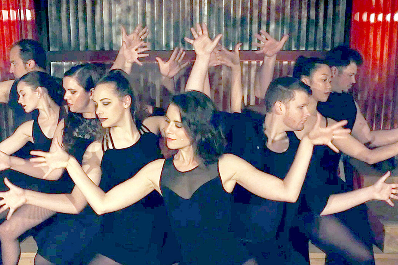 "All That Jazz" is one of the numbers in "Broadway in Your PJs," the online show presented through Saturday by Ghostlight Productions. The show was filmed in Port Angeles' Lincoln Theater with, from left, Jeremy Pederson, Courtney Smith, Darian Rentas, Danielle Lorentzen, Anna Pederson, Quinton Cornell, Emily Spink and Mark Lorentzen. (photo courtesy Ghostlight Productions)