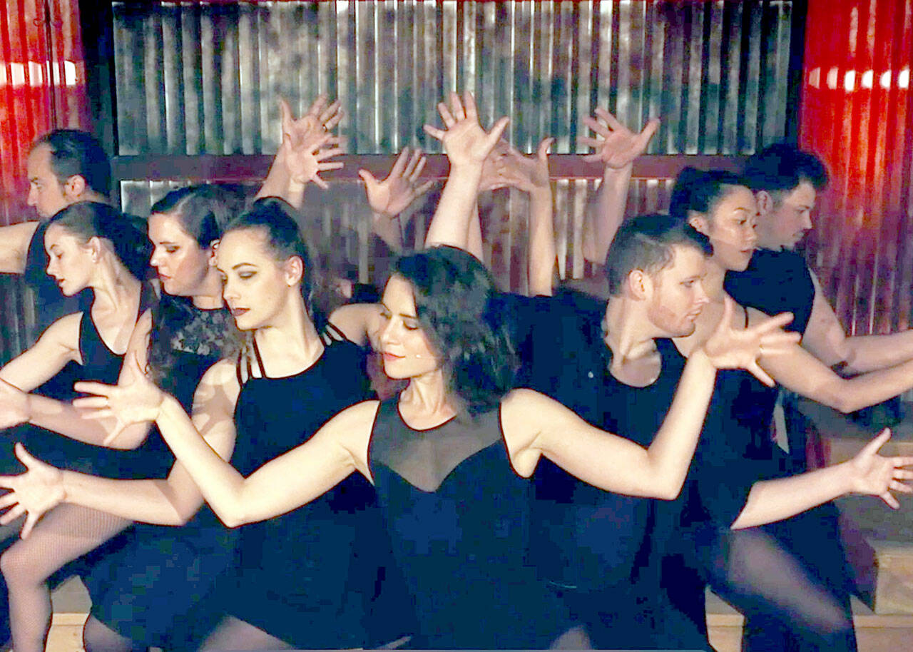 “All That Jazz” is one of the numbers in “Broadway in Your PJs,” the online show presented through Saturday by Ghostlight Productions. The show was filmed in Port Angeles’ Lincoln Theater with, from left, Jeremy Pederson, Courtney Smith, Darian Rentas, Danielle Lorentzen, Anna Pederson, Quinton Cornell, Emily Spink and Mark Lorentzen. (Photo courtesy Ghostlight Productions)