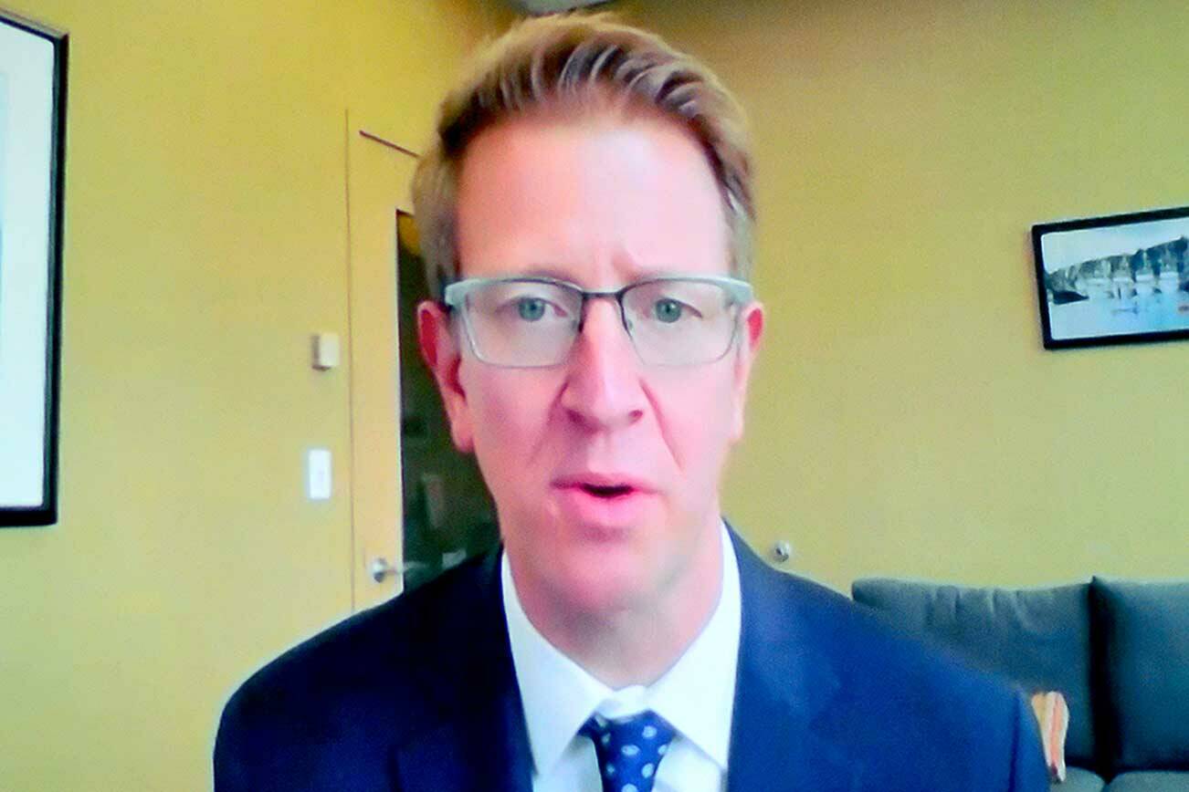 U.S. Rep. Derek Kilmer meets via Zoom with the Chamber of Jefferson County on Friday. (Diane Urbani de la Paz/Peninsula Daily News)