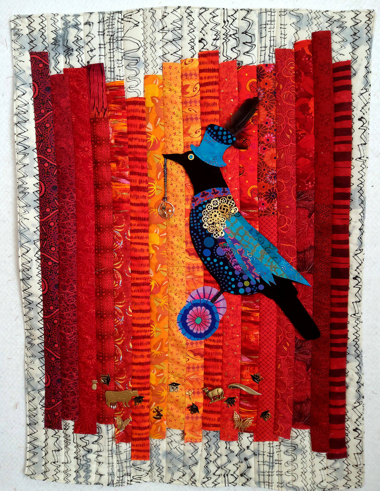 “The Covid Corvid” by Peggy St. George will be displayed in the “Bumblebunching – Warped, Twisted, & Imperfect” exhibit that is part of the North Olympic Fiber Arts Festival.