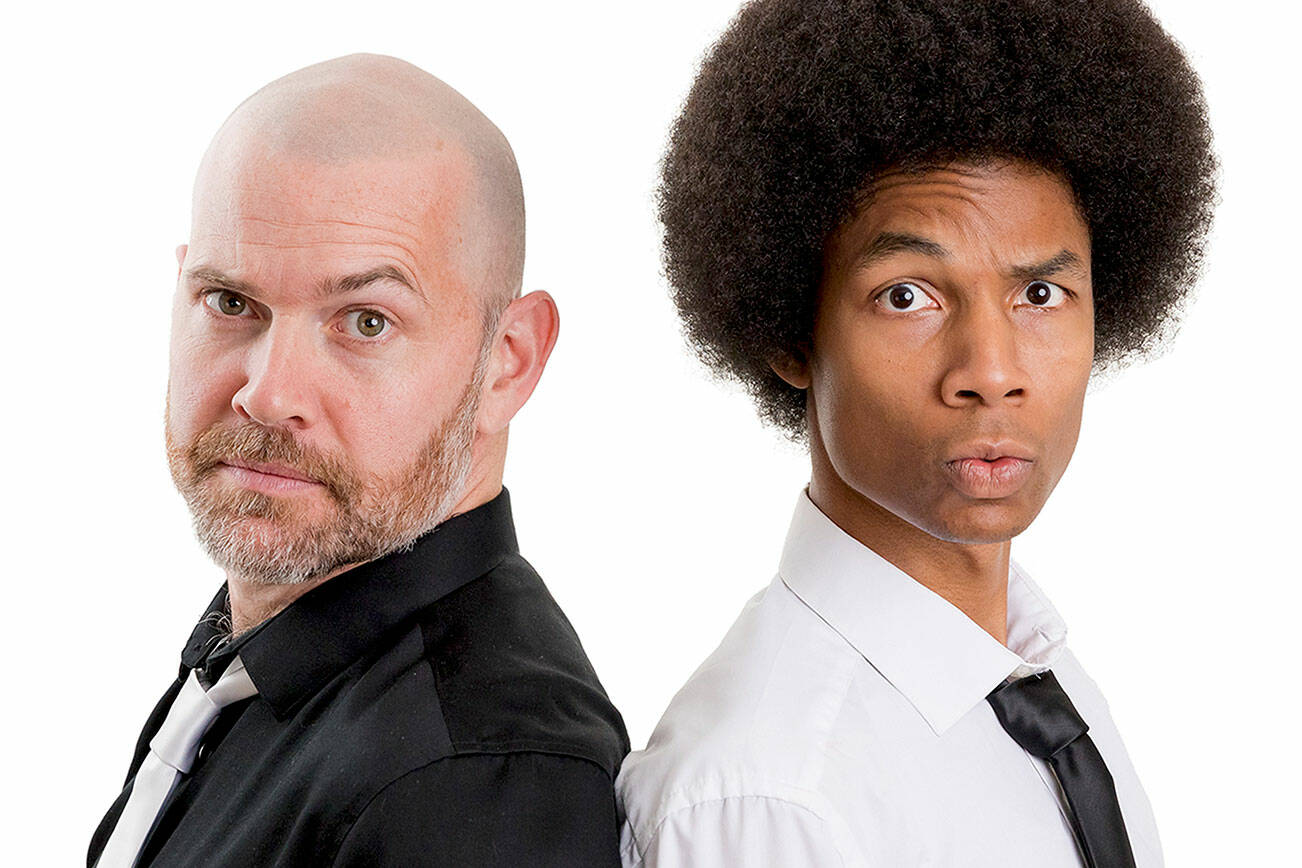 The duo of beatbox-juggling keynote speaker Bronkar Lee, left, and tap dancer-percussionist Aaron Williams -- known as Collision of Rhythm -- will take the Port Angeles High School Performing Arts Center stage Sunday. photo courtesy Collision of Rhythm