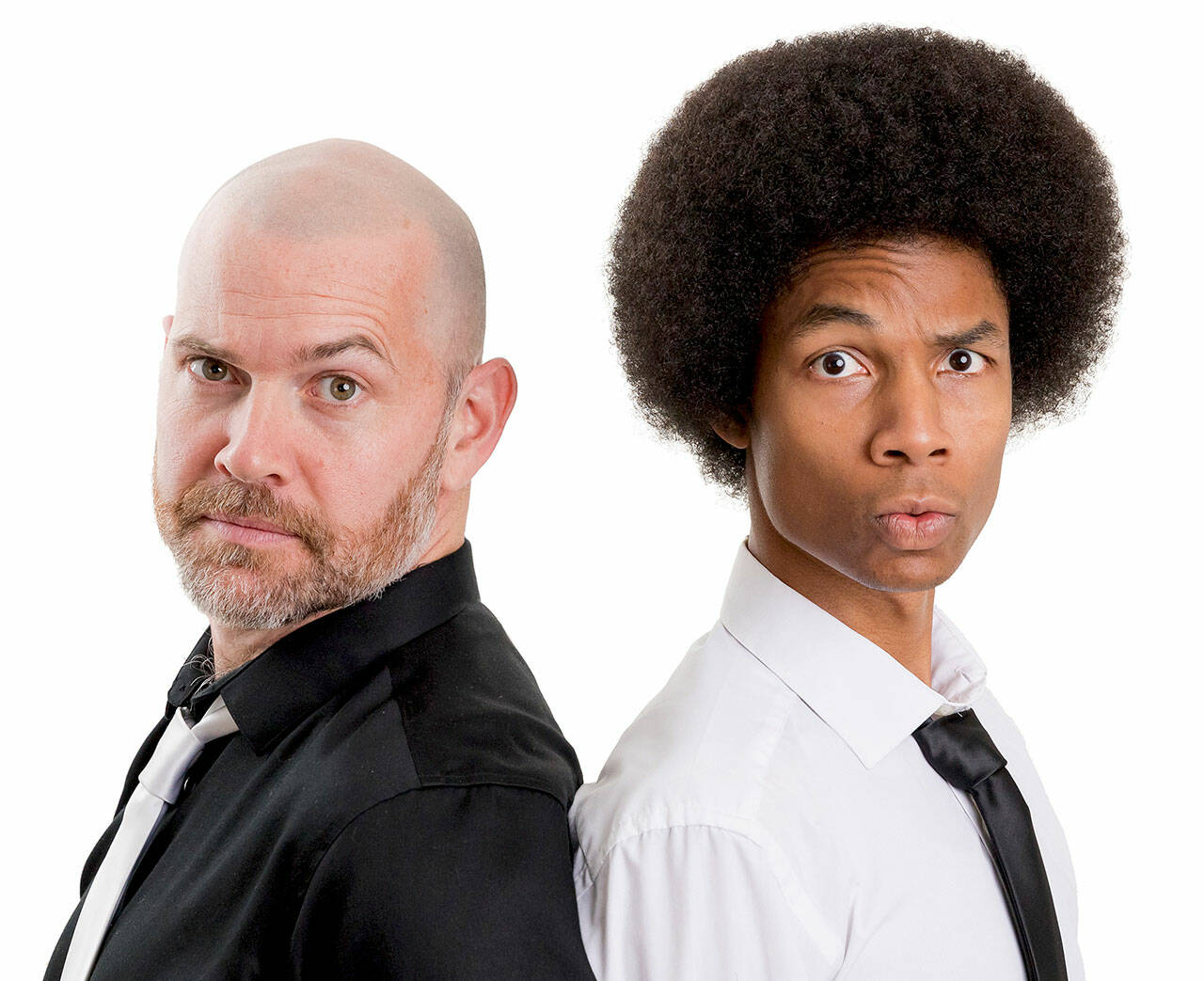 The duo of beatbox-juggling keynote speaker Bronkar Lee, left, and tap dancer-percussionist Aaron Williams — known as Collision of Rhythm — will take the Port Angeles High School Performing Arts Center stage Sunday. (photo courtesy Collision of Rhythm)