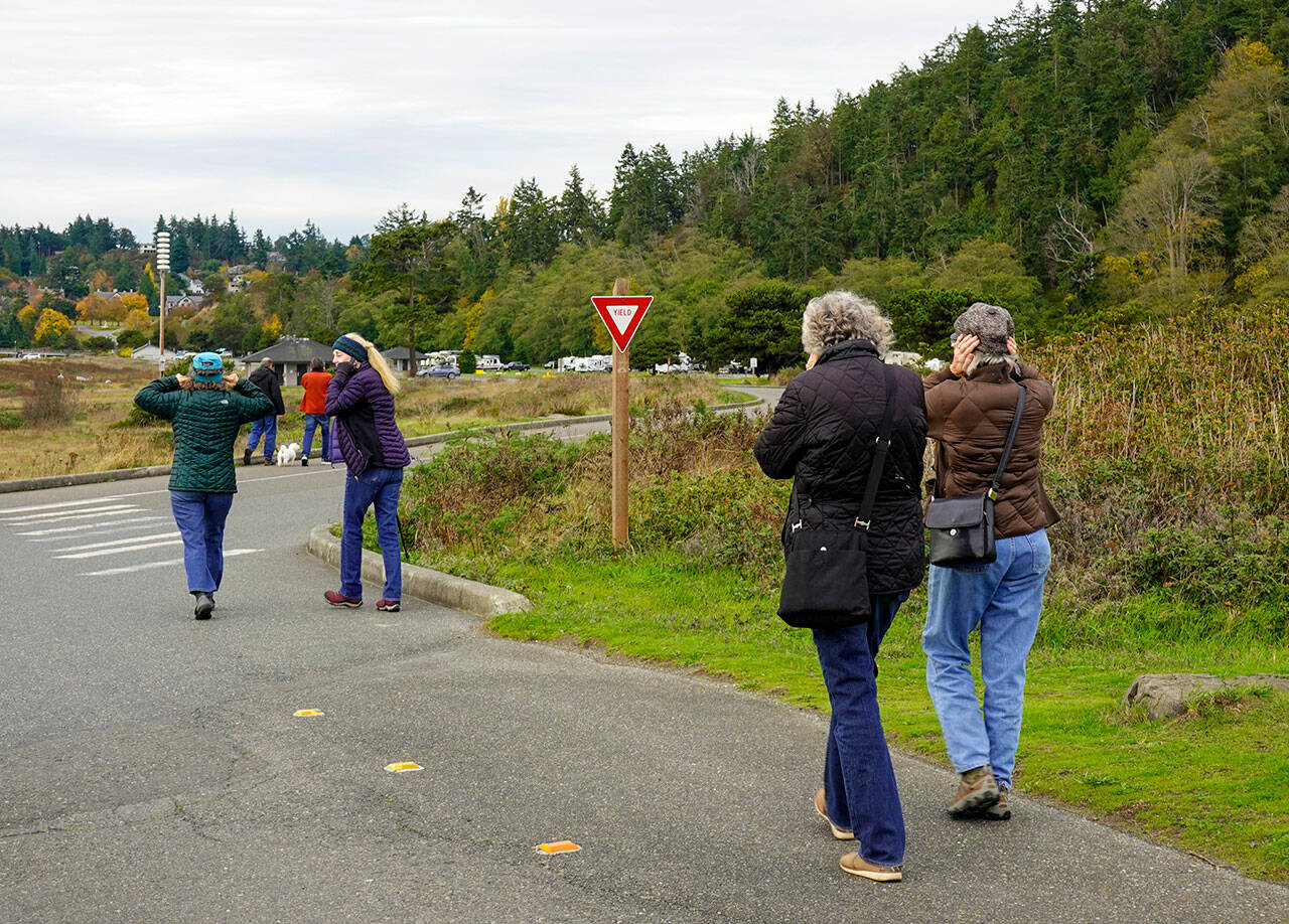 A group of friends on a walk at Fort Worden State Park on Thursday hold their ears to muffle the loud siren noise from the tsunami warning device going off during the Great ShakeOut drill. Friends, family and co-workers were supposed to practice movements to drop, cover and hold on to build muscle memory to be prepared for an earthquake. (Steve Mullensky/for Peninsula Daily News)