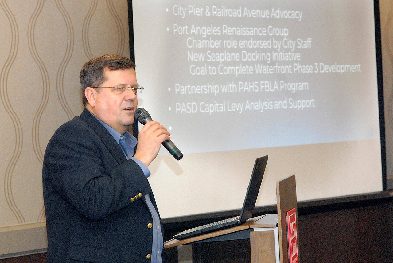 Marc Abshire, executive director of the Port Angeles Regional Chamber of Commerce, delivers a State of the Chamber address in January 2020. (Keith Thorpe/Peninsula Daily News)