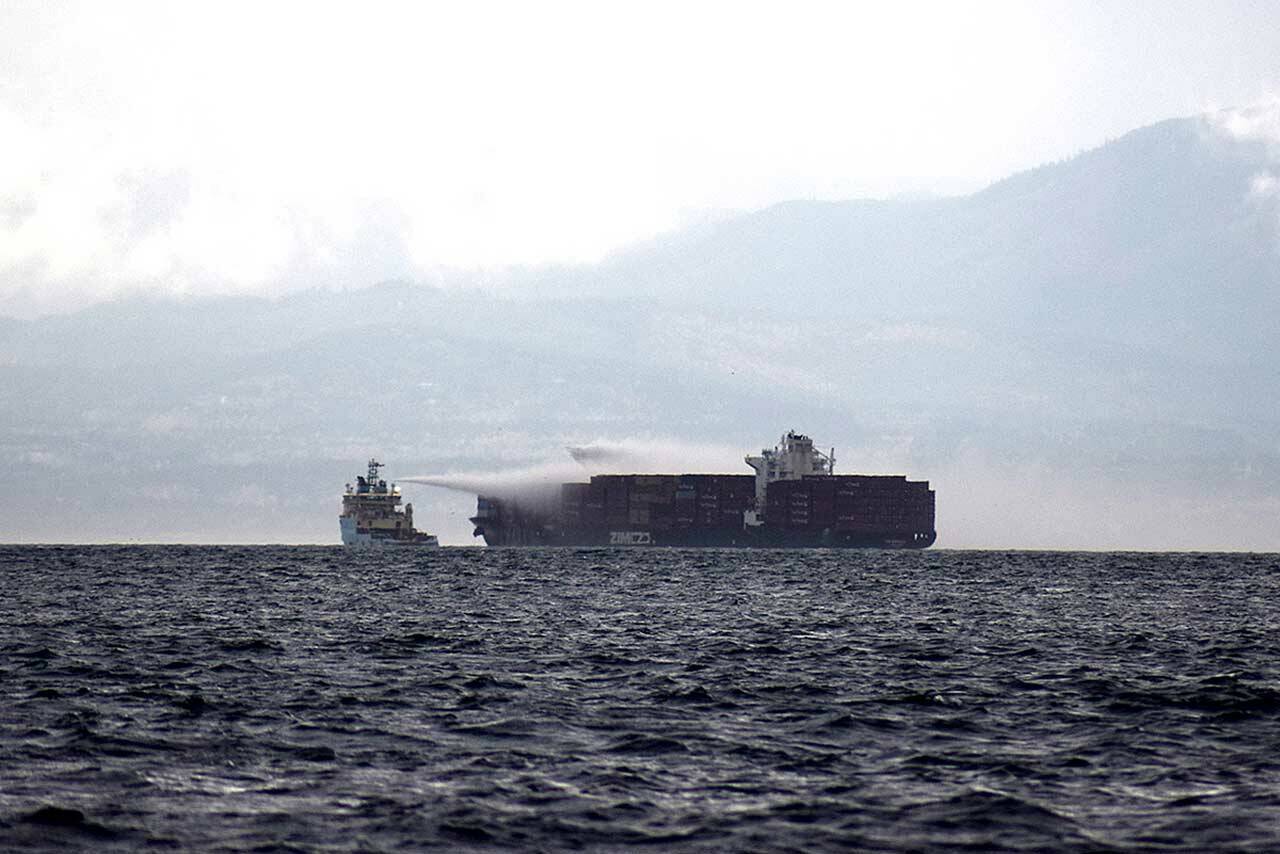 Containers aboard the MV Zim Kingston are on fire near Victoria. (Victoria News)