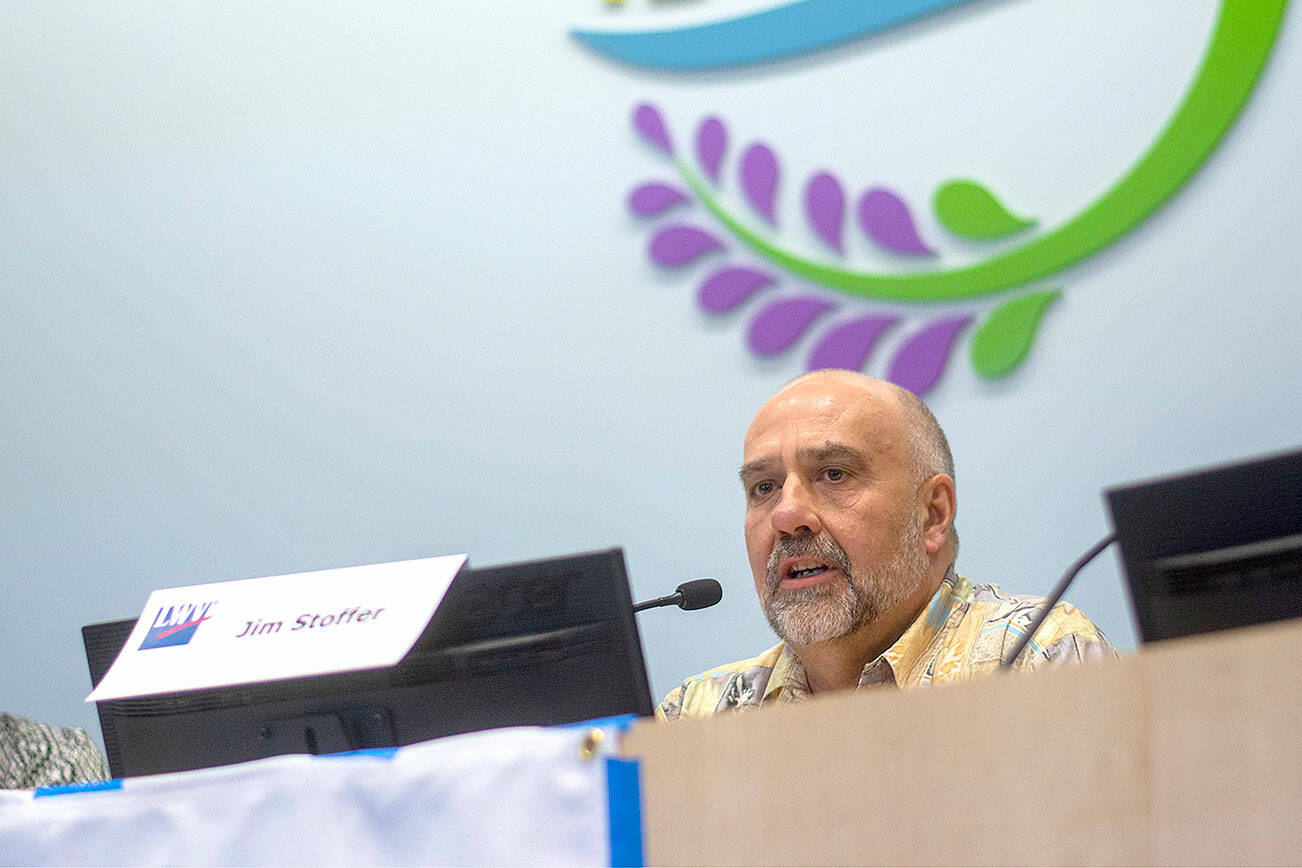 Jim Stoffer, incumbent for the District 3 position on the Sequim School District Board of Directors, speaks during a League of Women Voters forum Sunday. (Jesse Major/Peninsula Daily News)