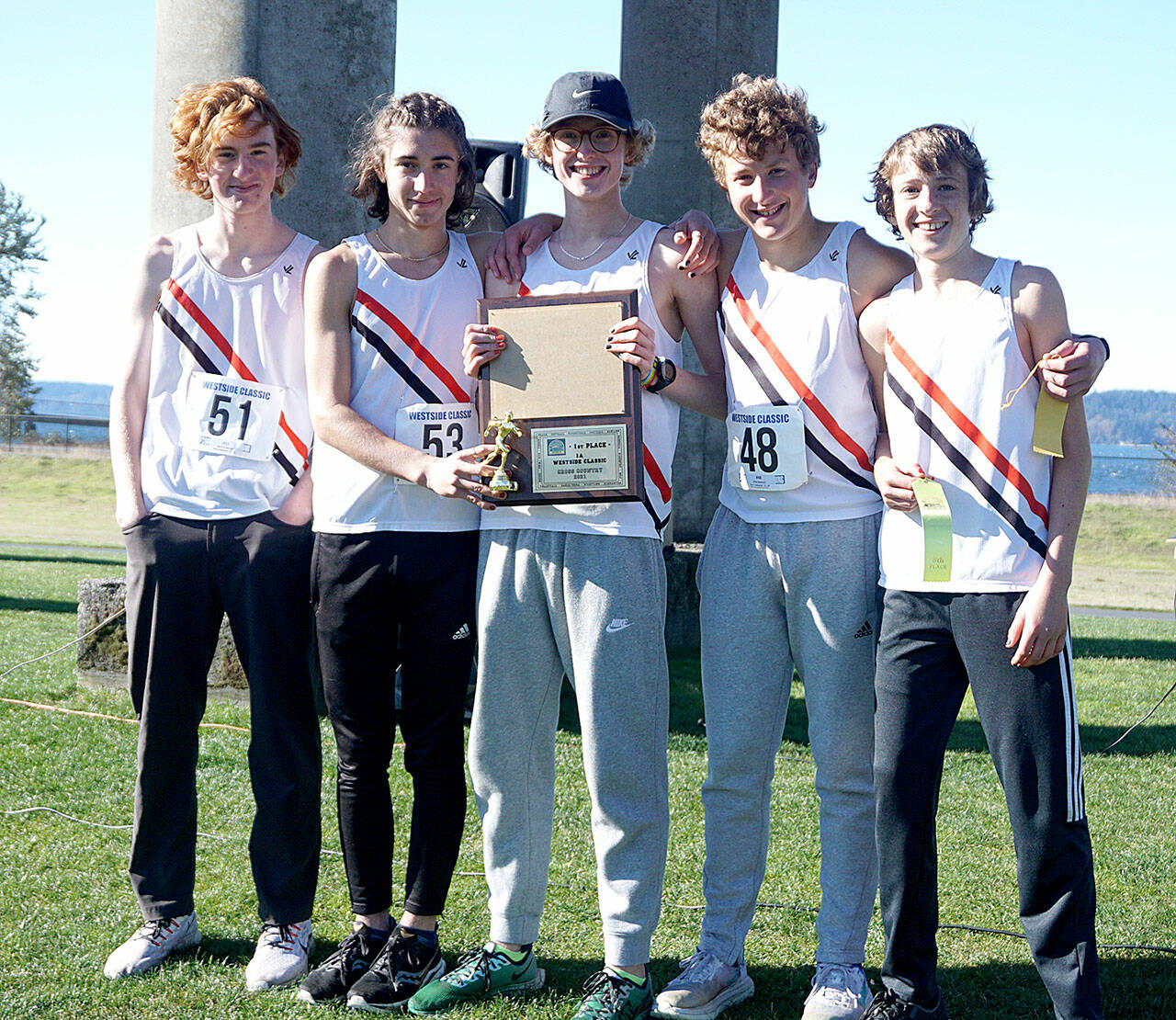From left, Mark Anderson, Sebastian Manza, Max Allworth-Miles, Glen Dawson and Soare Johnston, members of the East Jefferson boys cross-country team, won the District 3 championship this weekend and will be running at the state 1A meet in Pasco. (Courtesy of Ran Johnson)