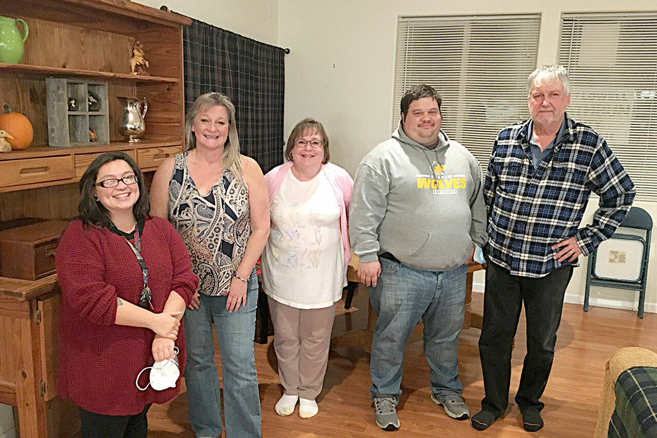 Sequim City Council candidates with top votes as of Wednesday afternoon include, from left, Rachel Anderson, Vicki Lowe, Kathy Downer, Brandon Janisse and Lowell Rathbun. They gathered for about an hour after initial election results were announced Tuesday. (Matthew Nash/Olympic Peninsula News Group)