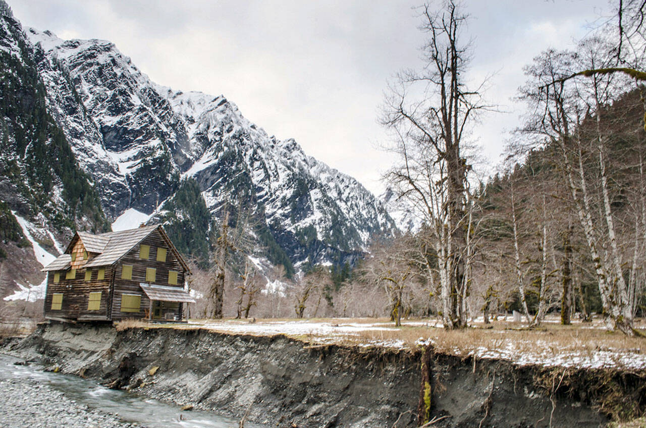 In this April 2014 photo provided by Olympic National Park, a log cabin teeters on the eroding bank of the Quinault River in Olympic National Park in Washington. The cabin has been added to the state list of most endangered historical properties. Built in 1930, the chalet was used as a lodge, summer ranger station and emergency shelter. It’s located in the southwest corner of the park, 13 miles up the Graves Creek trail in the Enchanted Valley. (Olympic National Park)