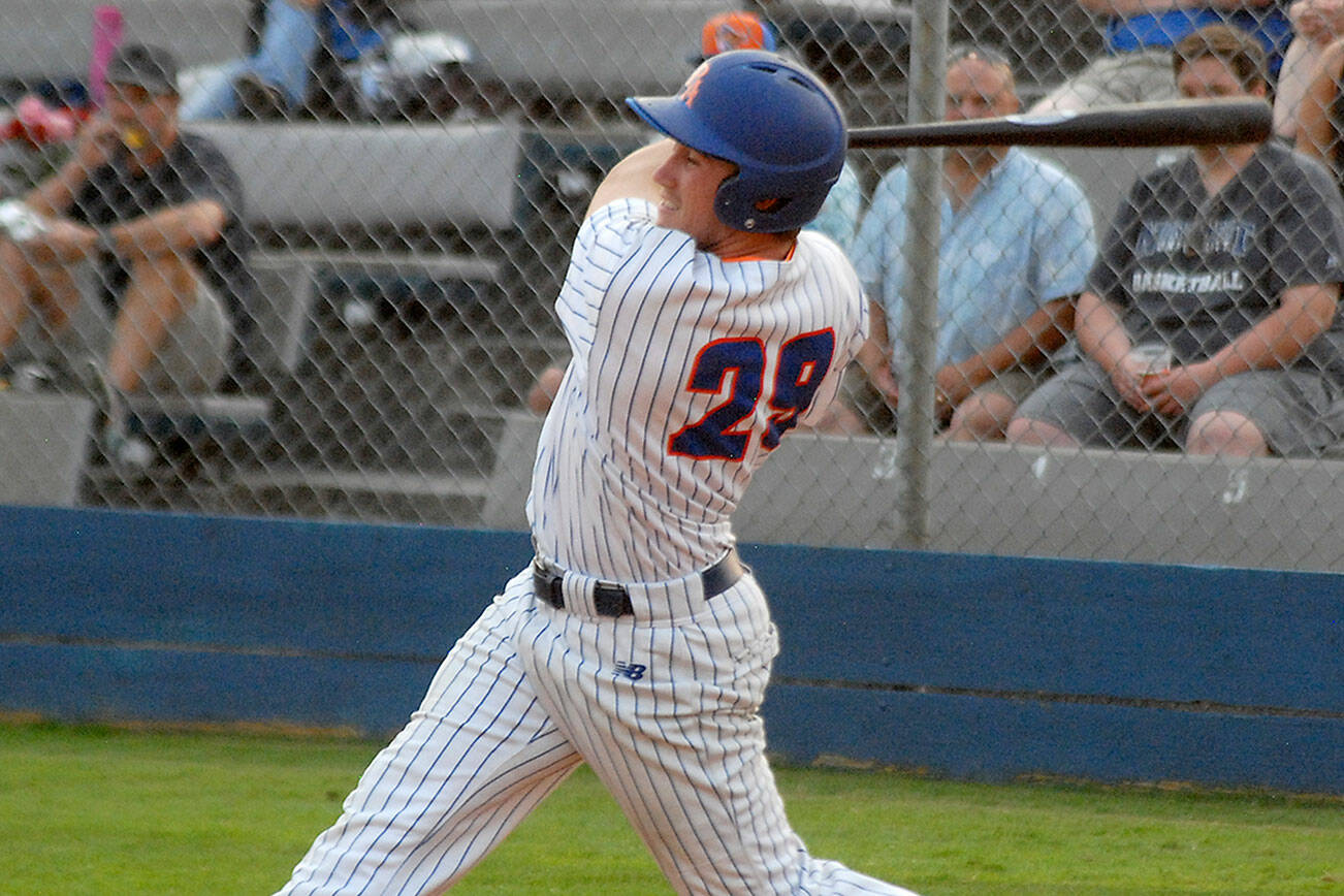 Keith Thorpe/Peninsula Daily News
Lefties designated hitter Luke Sanders bats in the first inning against Portland on Thursday evening in Port Angeles.